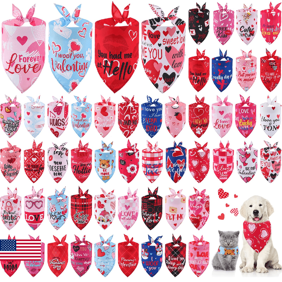Chunful 50 Pcs Valentine's Day Dog Bandana Bulk with Sayings Pet Triangle Scarf - Image 1