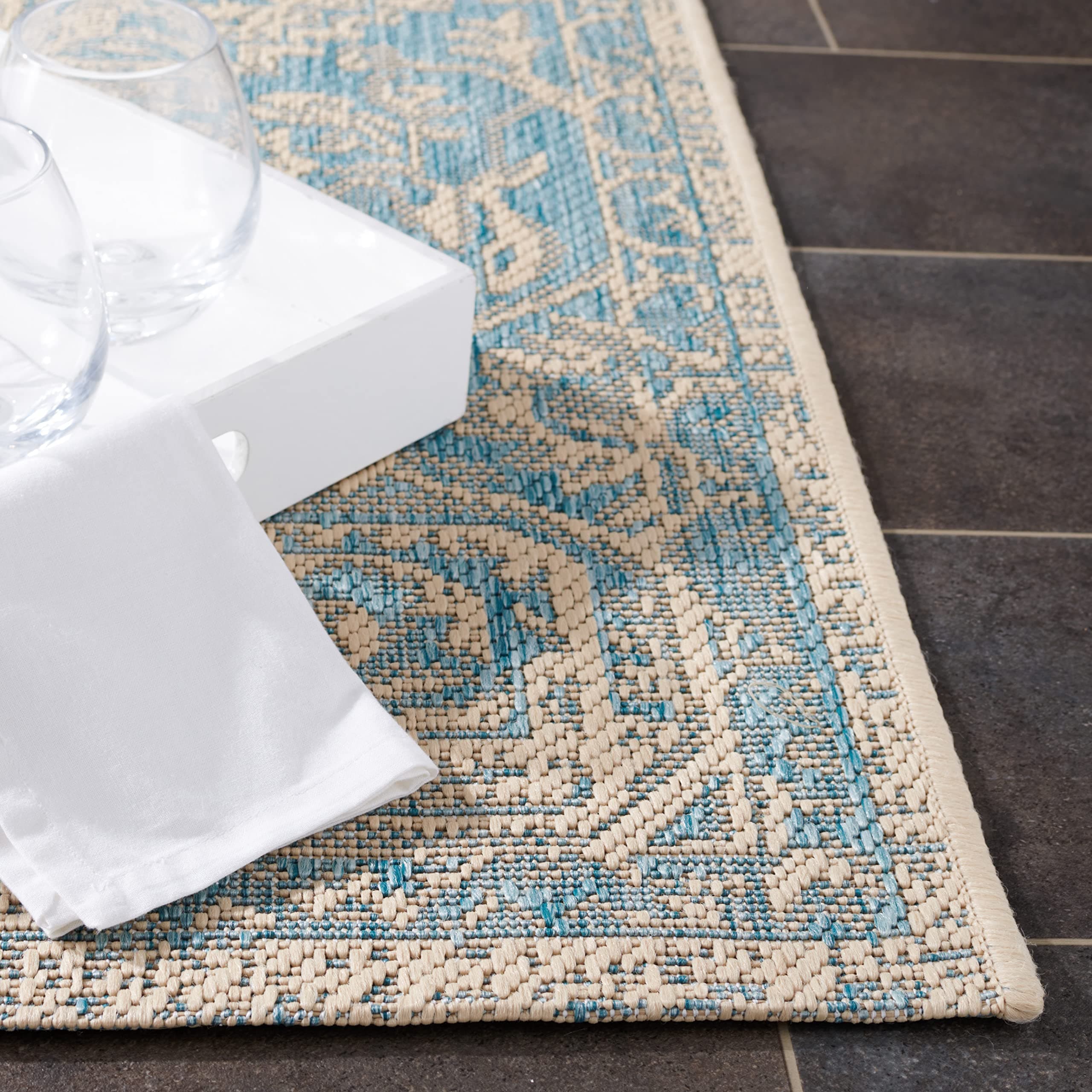 SAFAVIEH Washable Rug Outdoor Beach House Collection - 4' Square, Aqua & Cream, - Thumbnail 5