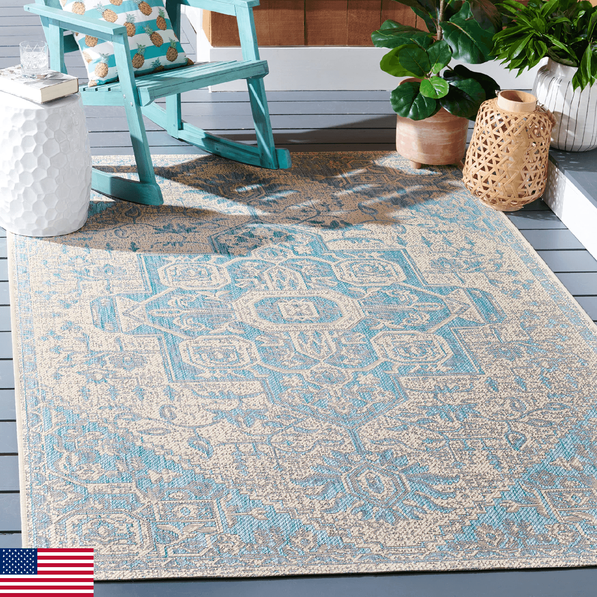 SAFAVIEH Washable Rug Outdoor Beach House Collection - 4' Square, Aqua & Cream, - Image 1