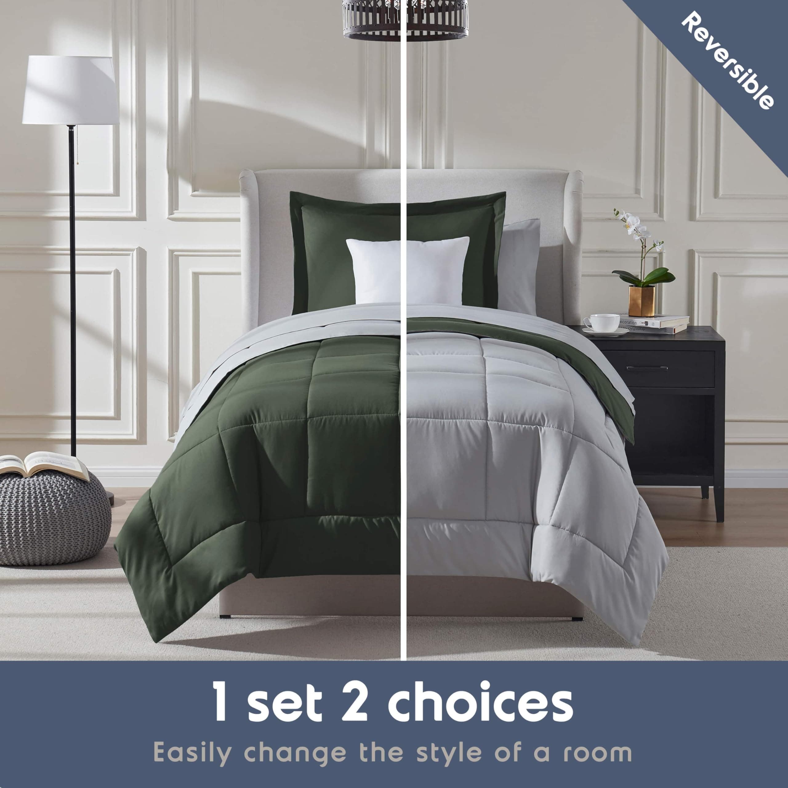 Nestl 5 Piece Twin XL Comforter Set – Olive Green Reversible Bed in a Bag – Comp - Thumbnail 6