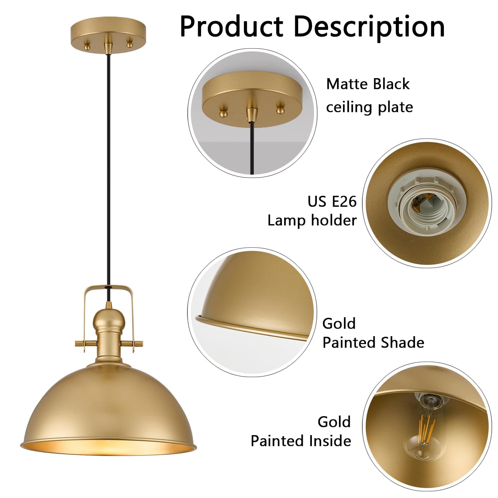 ALAISLYC 12 Inch Gold Farmhouse Pendant Lights Matte Pendant Lights for Kitchen - Thumbnail 3