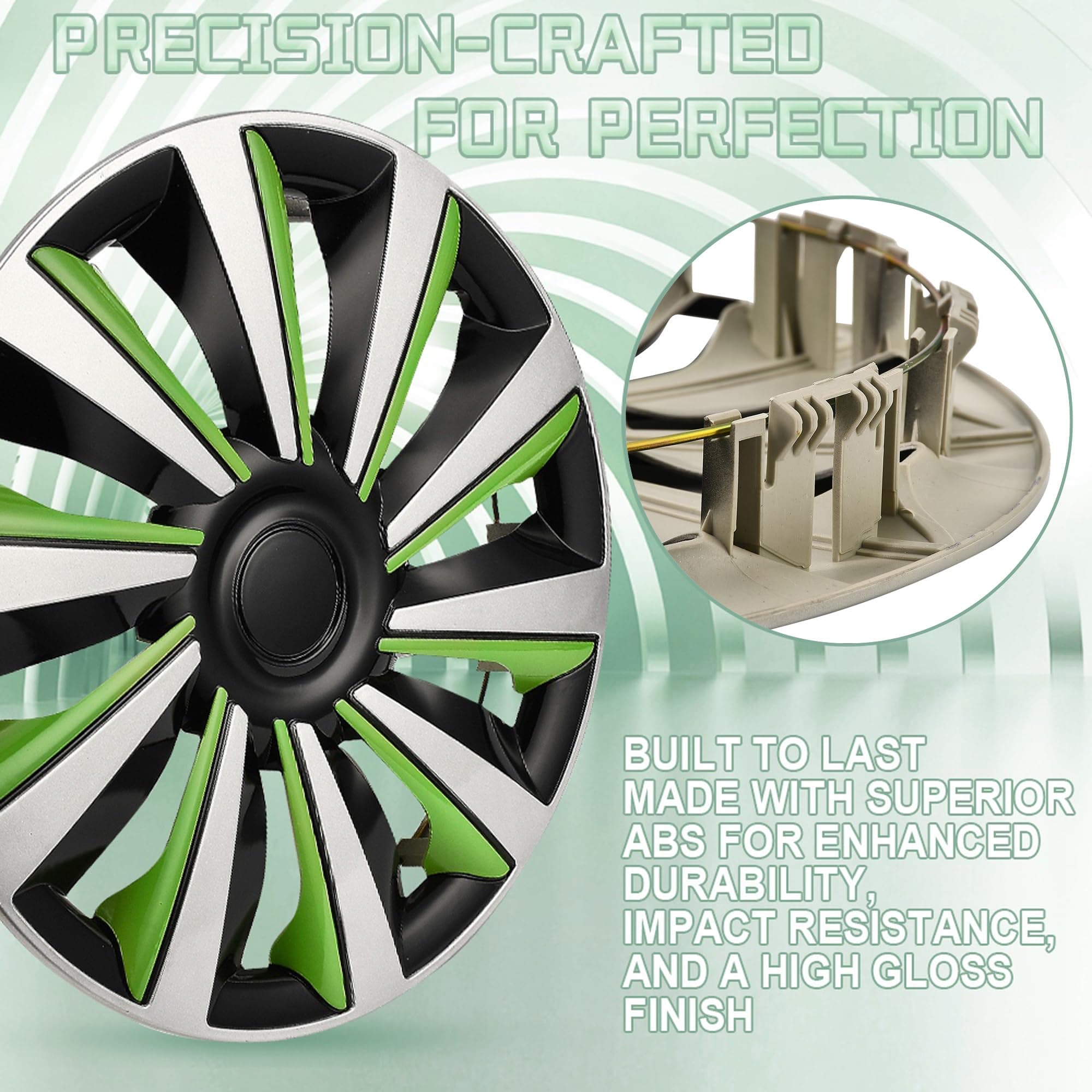AuMoHall Silver with Green Hubcap Wheel Cover Replacement Kit 14" Hub Caps Wheel - Thumbnail 3
