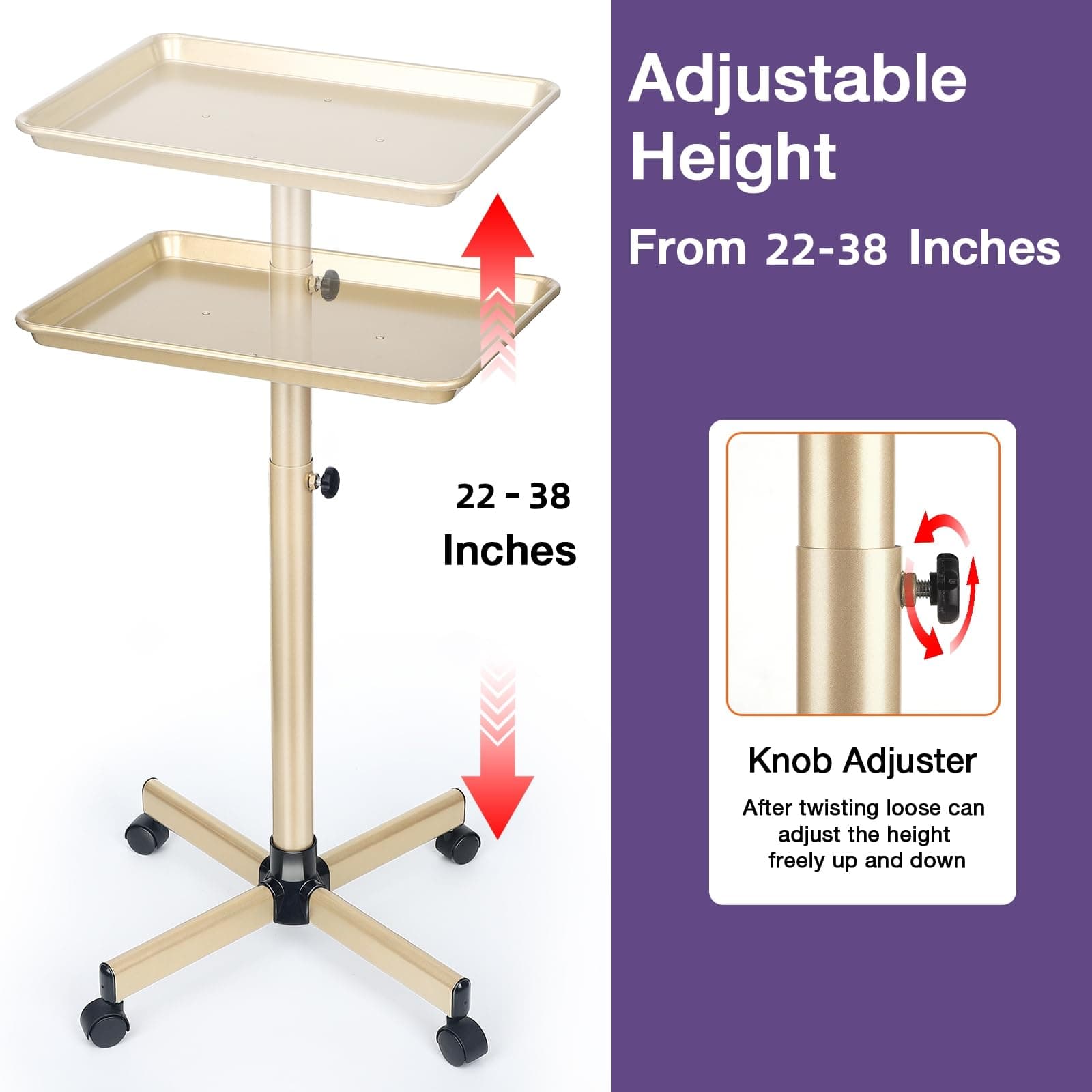 Salon Tray, Champagne Gold Salon Rolling Tray with Adjustable Height, Hair Styli - Thumbnail 2