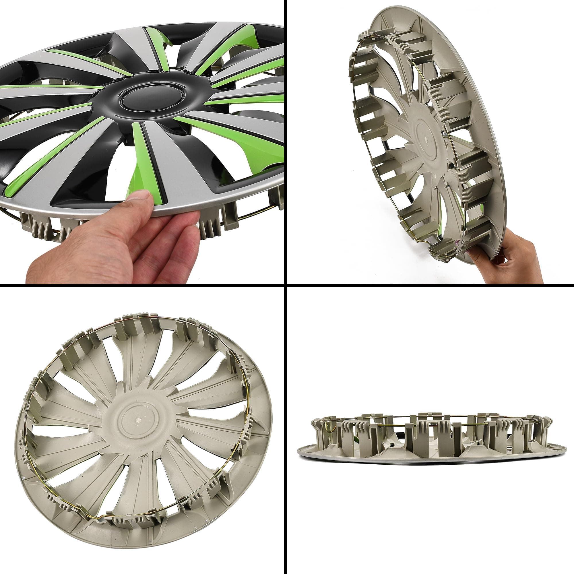 AuMoHall Silver with Green Hubcap Wheel Cover Replacement Kit 14" Hub Caps Wheel - Thumbnail 7
