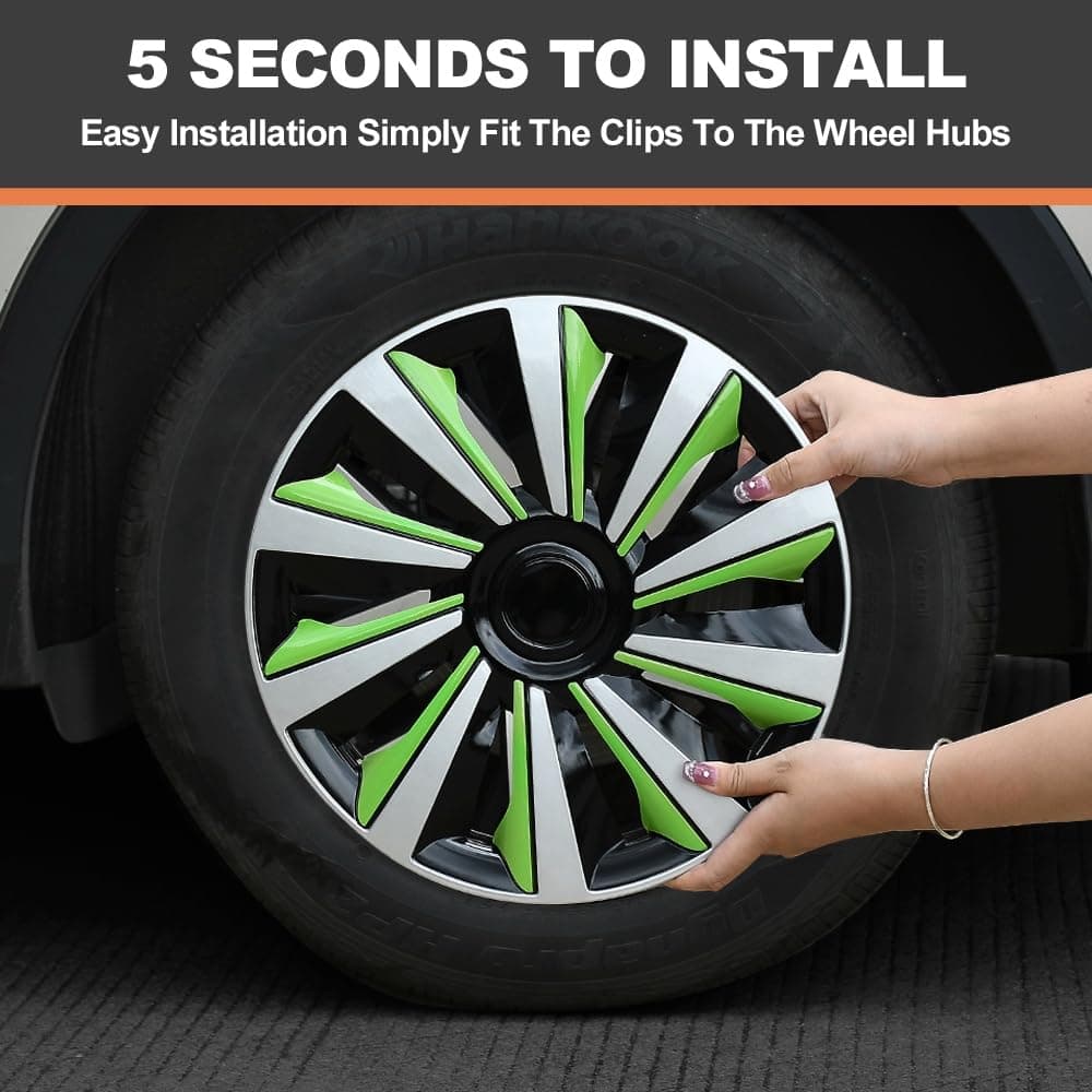 AuMoHall Silver with Green Hubcap Wheel Cover Replacement Kit 14" Hub Caps Wheel - Thumbnail 5