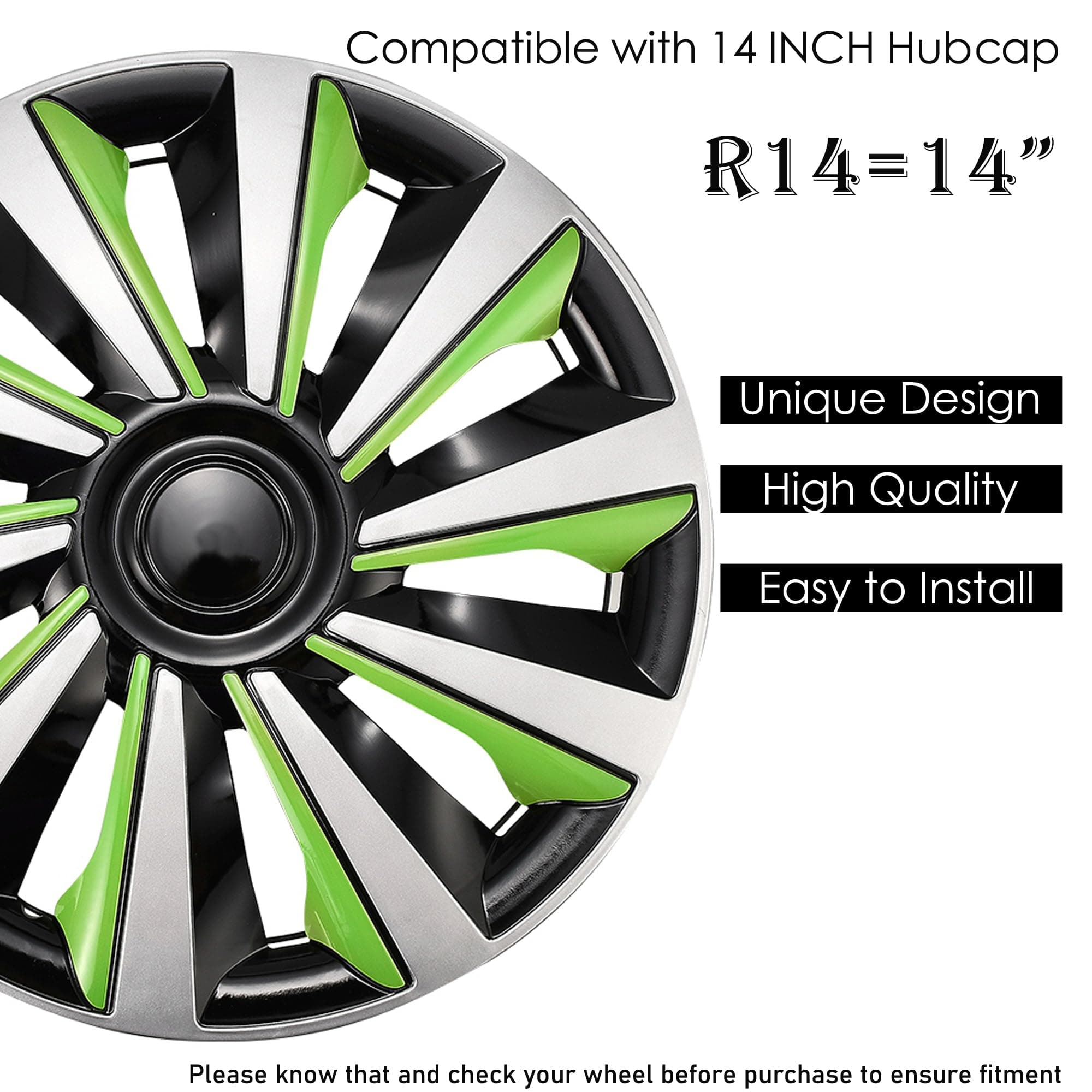 AuMoHall Silver with Green Hubcap Wheel Cover Replacement Kit 14" Hub Caps Wheel - Thumbnail 2