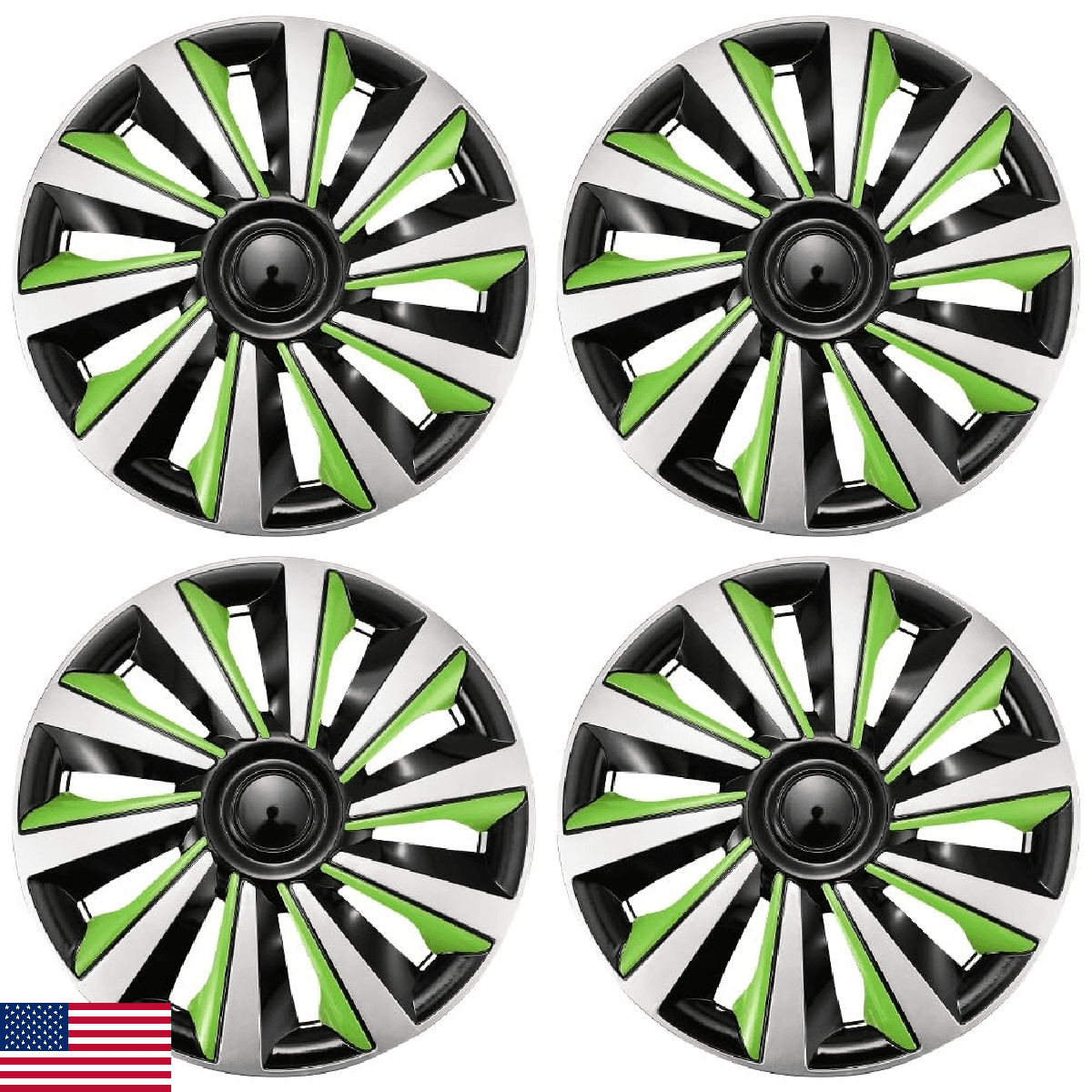 AuMoHall Silver with Green Hubcap Wheel Cover Replacement Kit 14" Hub Caps Wheel - Image 1