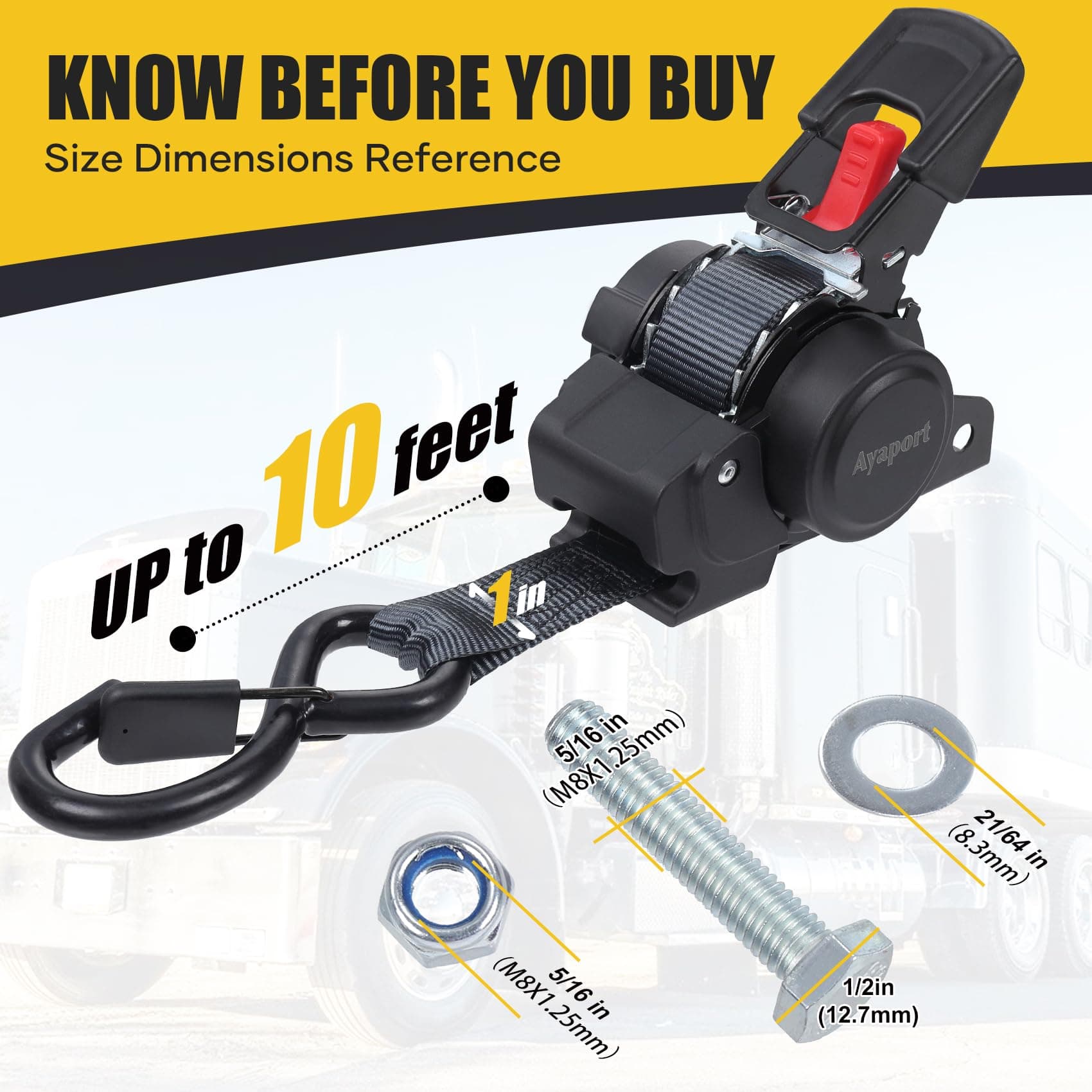 Ayaport Retractable Transom Tie Down Straps 1in X 10ft Tie Down Straps to Traile - Thumbnail 4