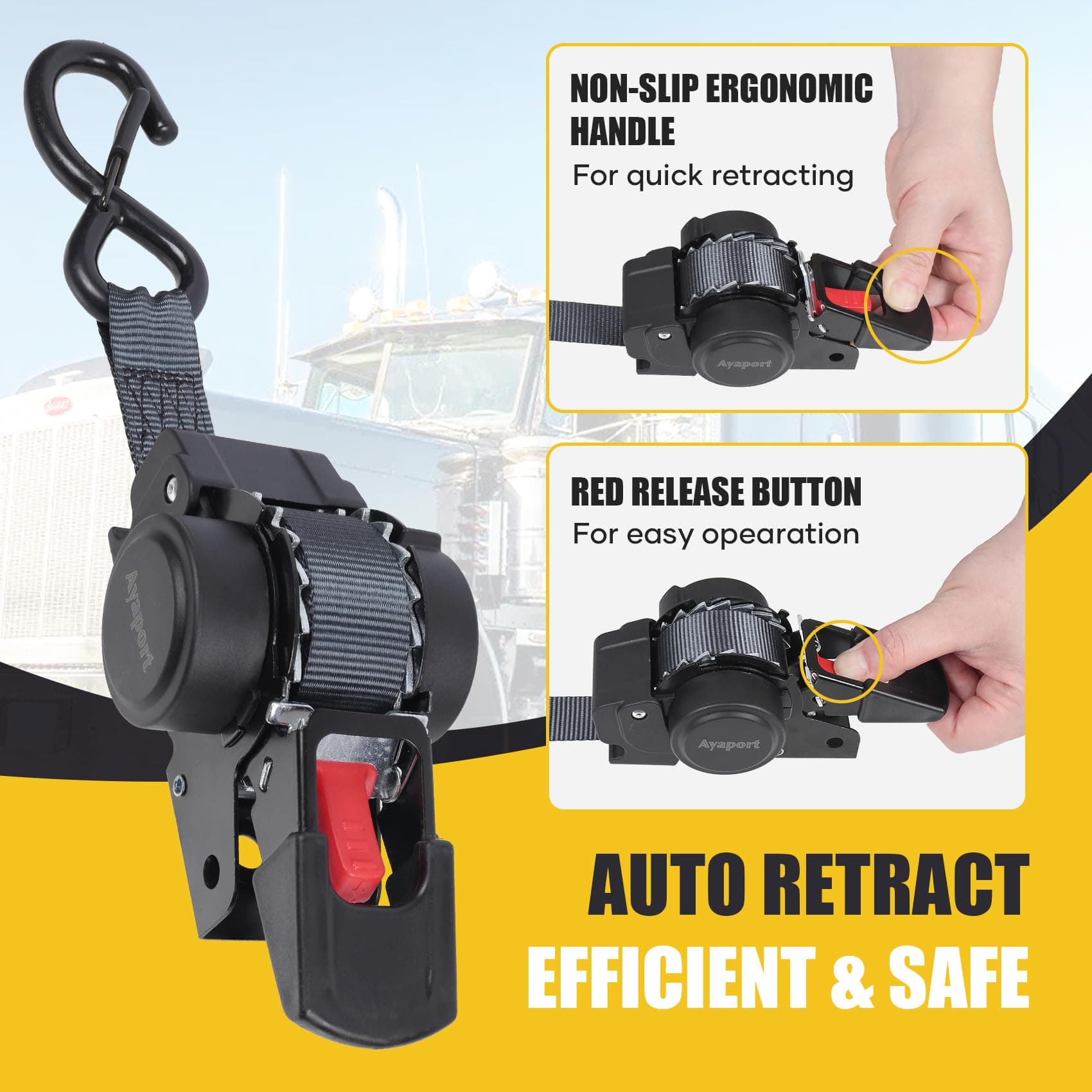 Ayaport Retractable Transom Tie Down Straps 1in X 10ft Tie Down Straps to Traile - Thumbnail 2