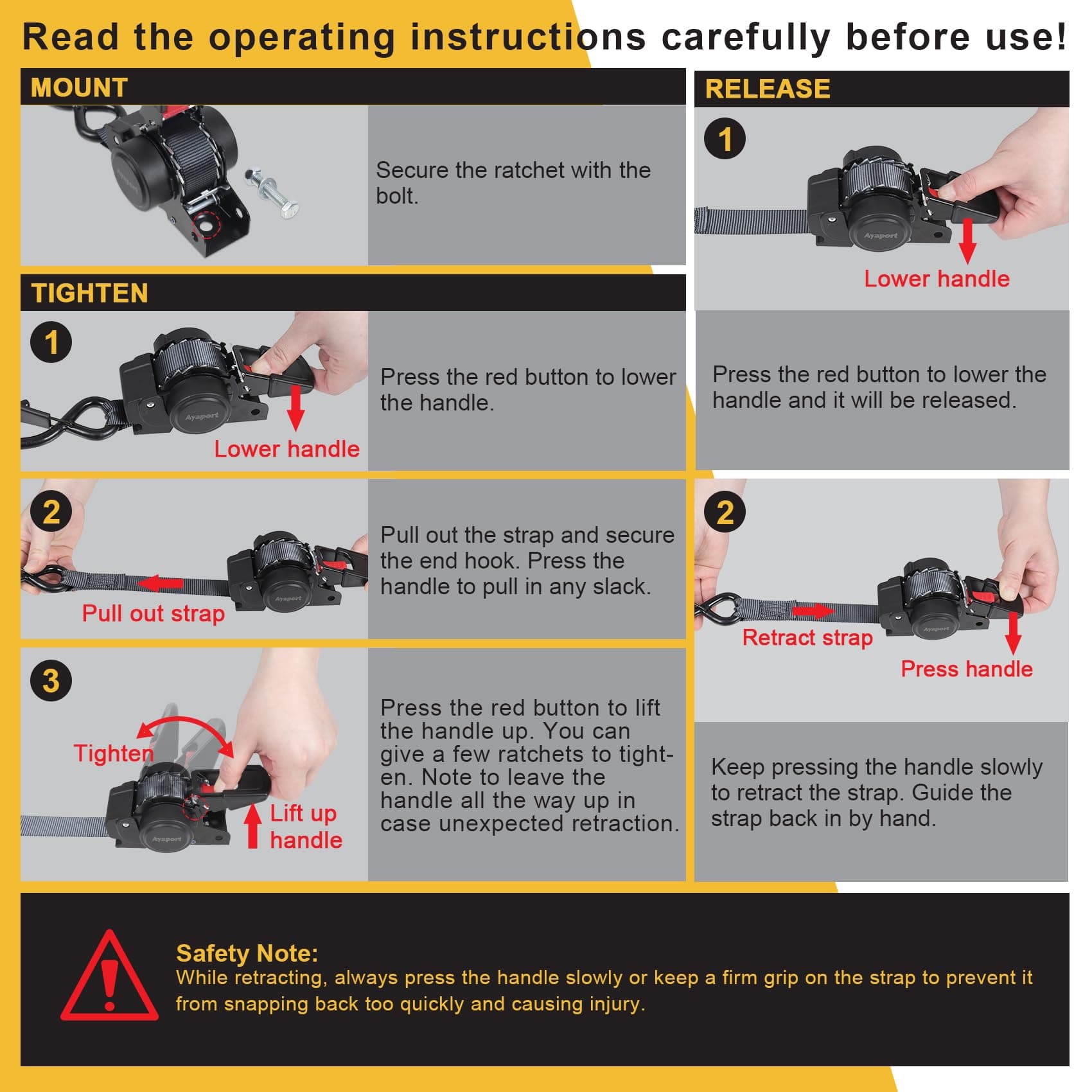 Ayaport Retractable Transom Tie Down Straps 1in X 10ft Tie Down Straps to Traile - Thumbnail 7