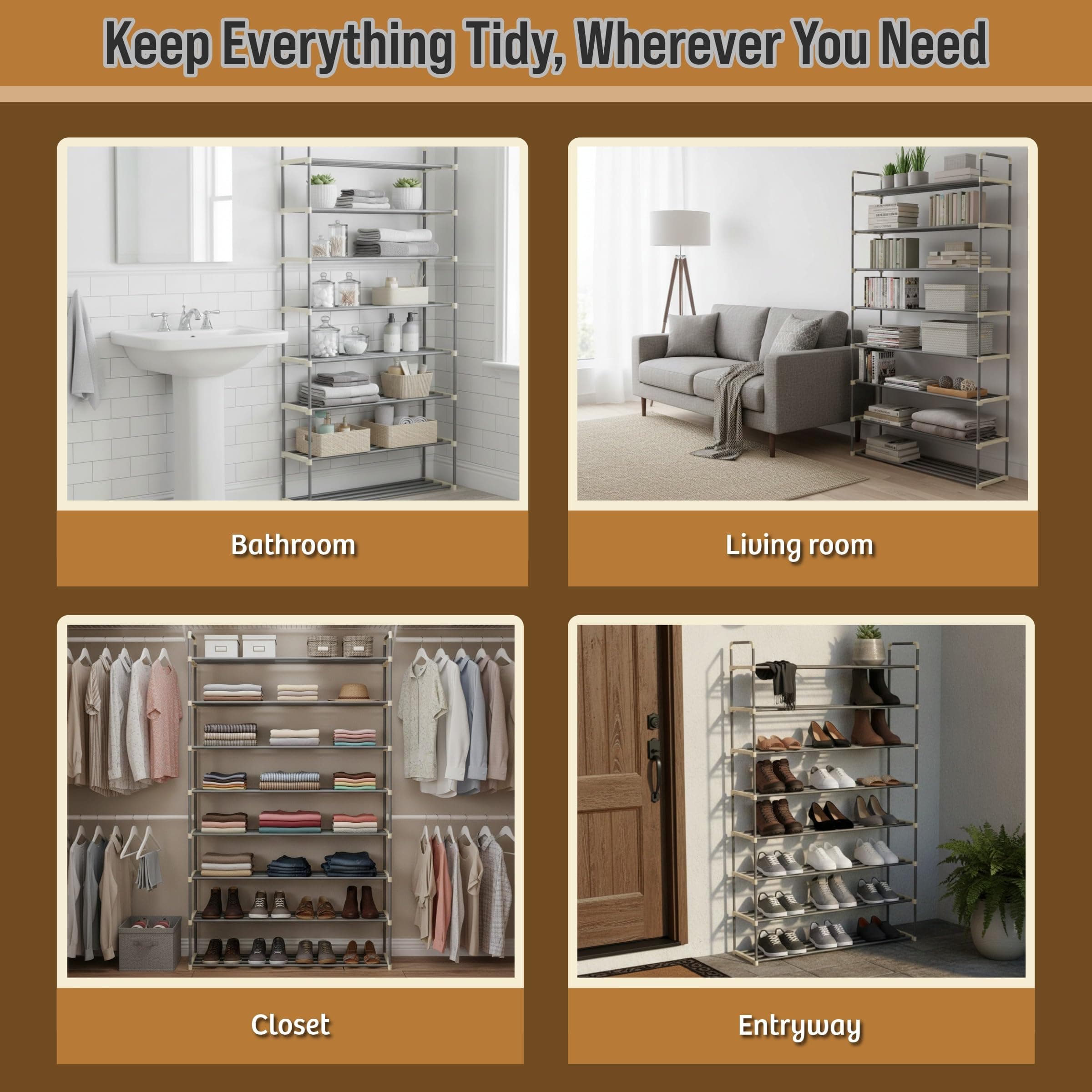 Home-Complete 8-Tier Shoe Rack Shoe Organizer Closet Bathroom Entryway Gray Hold - Thumbnail 6