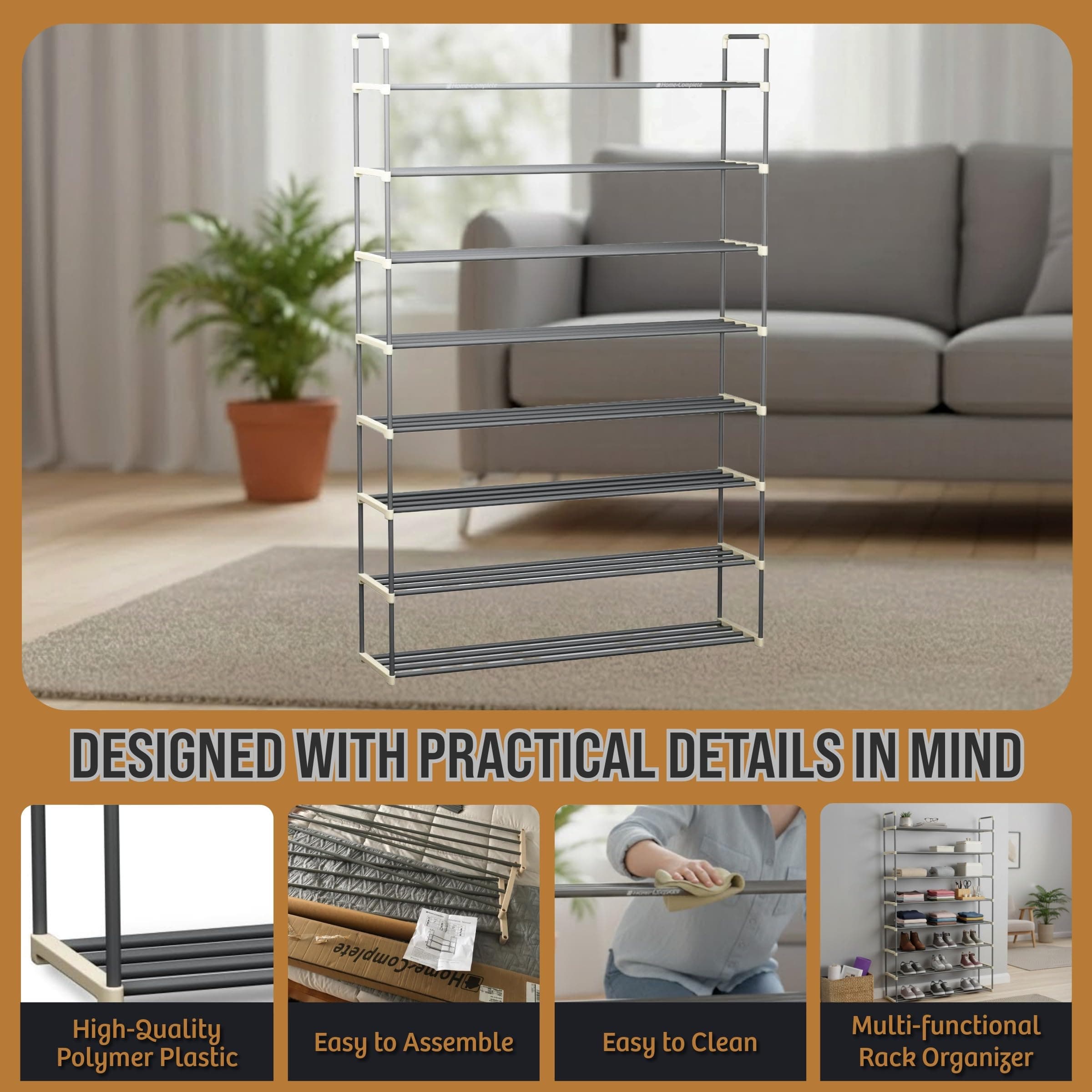 Home-Complete 8-Tier Shoe Rack Shoe Organizer Closet Bathroom Entryway Gray Hold - Thumbnail 7