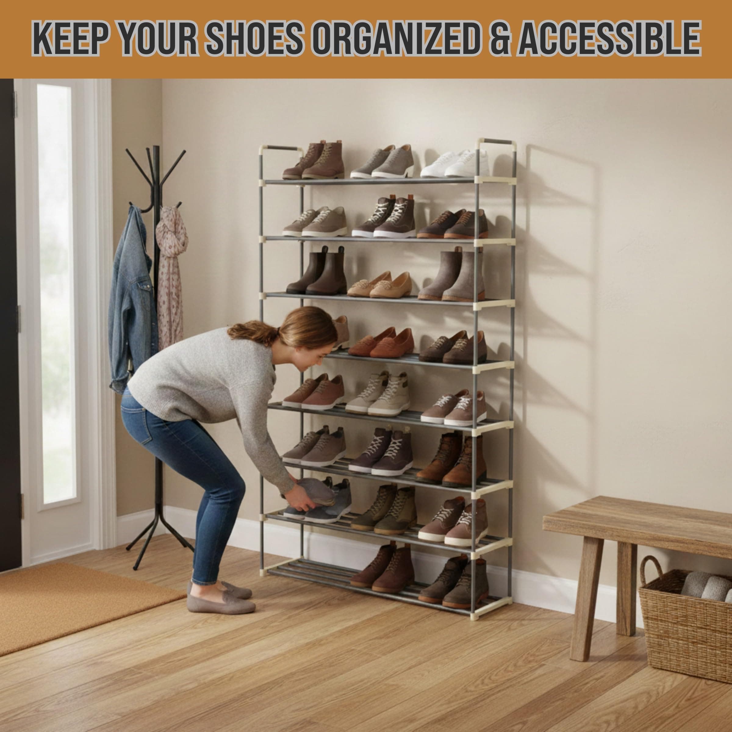 Home-Complete 8-Tier Shoe Rack Shoe Organizer Closet Bathroom Entryway Gray Hold - Thumbnail 5