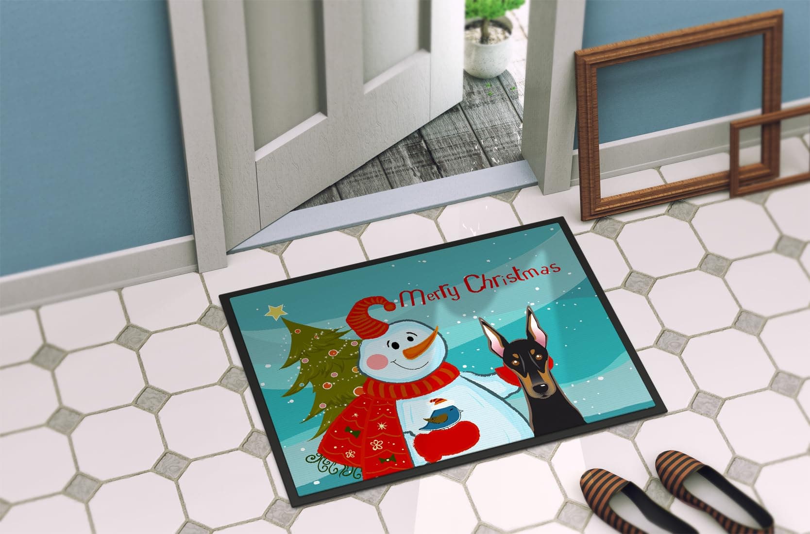 Caroline's Treasures BB1865MAT Snowman with Doberman Doormat 18x27 Front Door Ma - Thumbnail 2