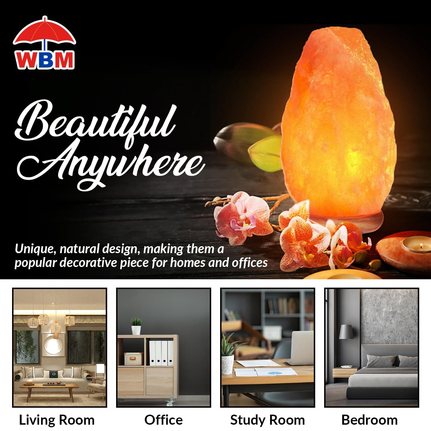 WBM Salt Lamp - USB Himalayan Salt Lamp with Touch Dimmer Control, Natural Pink - Thumbnail 7