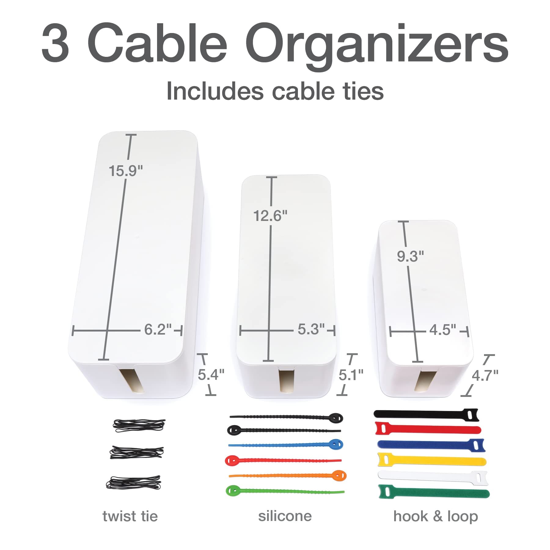 Oxford Cable Management Boxes 3 Pack Small Medium Large Power Strip Organizer Wh - Thumbnail 2