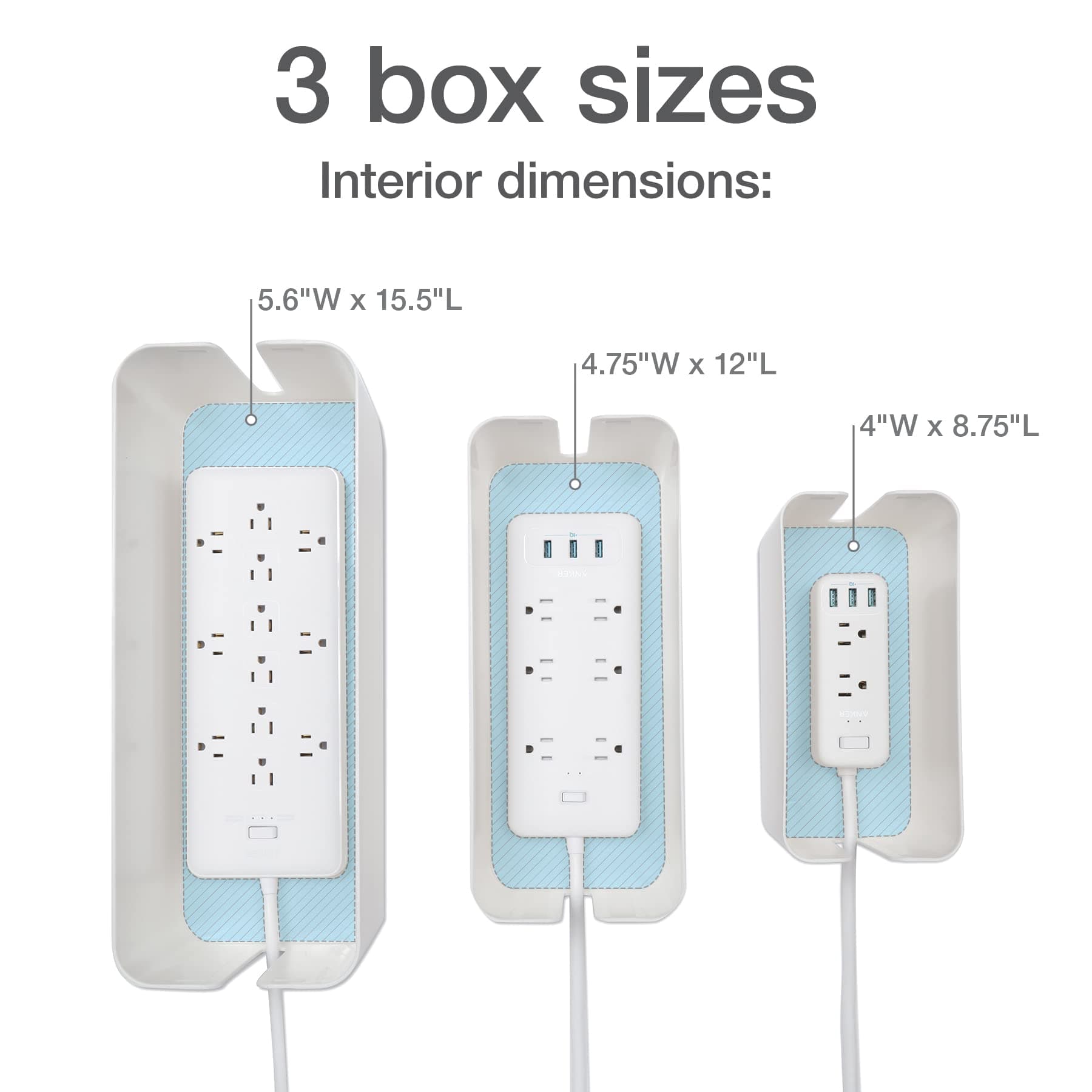 Oxford Cable Management Boxes 3 Pack Small Medium Large Power Strip Organizer Wh - Thumbnail 4