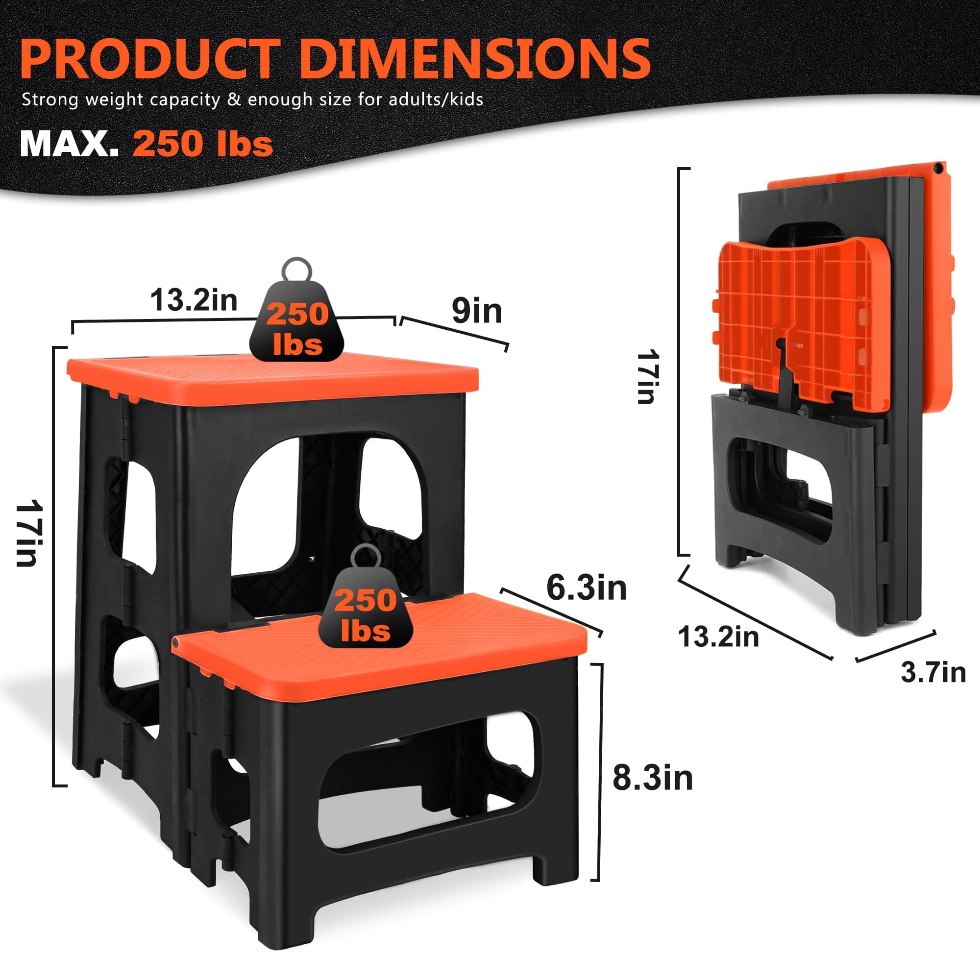 Folding 2-Step Stool Non-Slip Portable Footstool 8 17 Inch Dual Heights 250 lbs - Thumbnail 5
