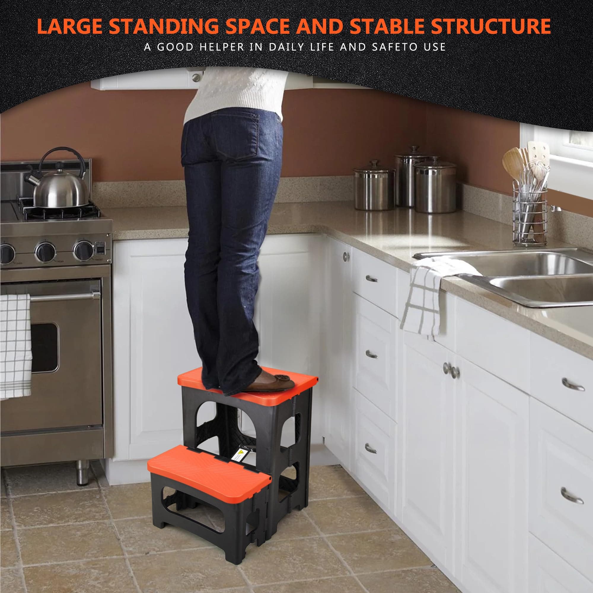 Folding 2-Step Stool Non-Slip Portable Footstool 8 17 Inch Dual Heights 250 lbs - Thumbnail 3