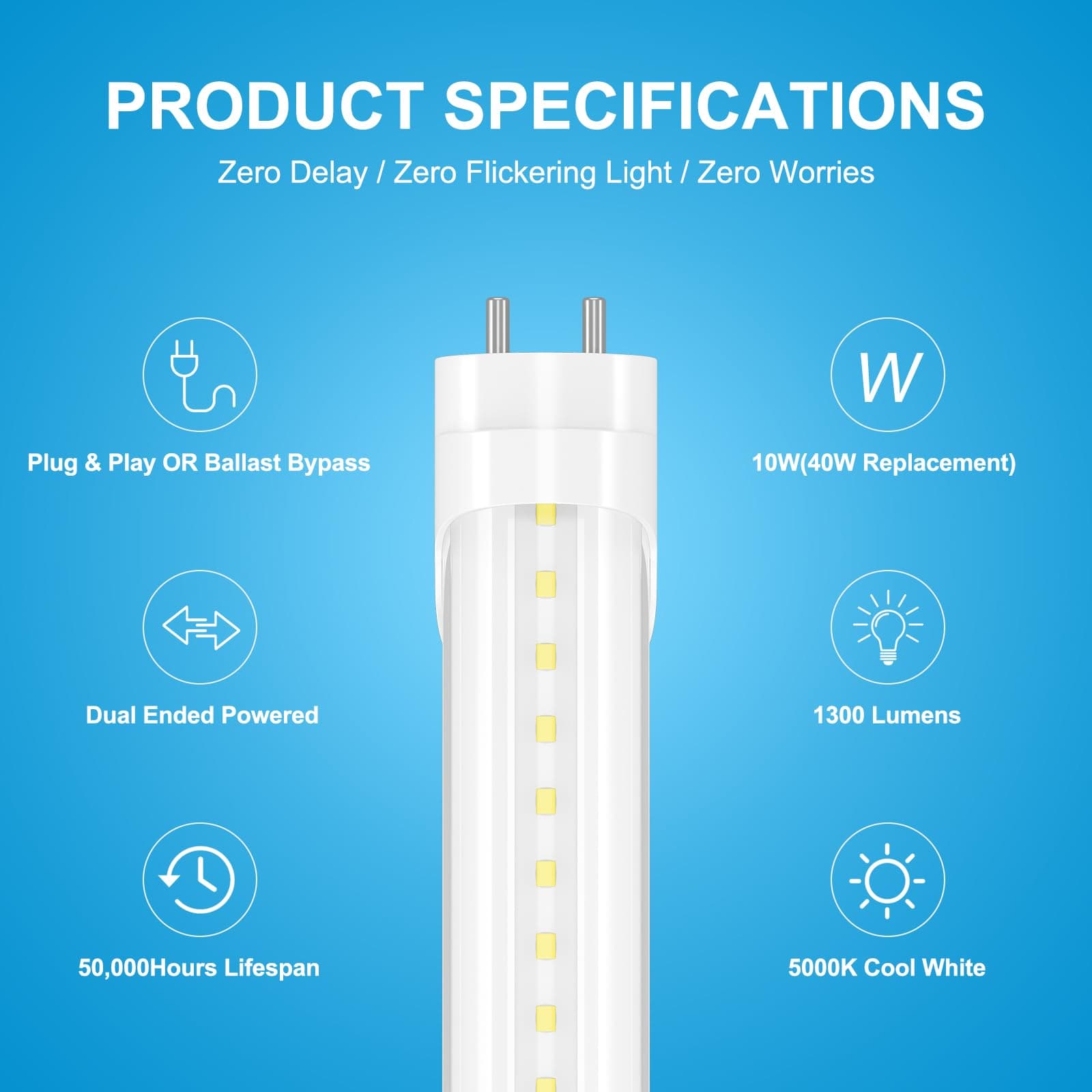 Airseafar 12-Pack T8 LED 2FT Type B Light Bulbs, 10W (24W Equivalent), 5000K, 13 - Thumbnail 3