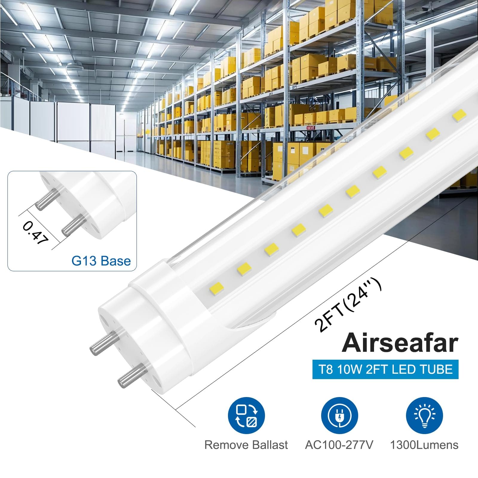 Airseafar 12-Pack T8 LED 2FT Type B Light Bulbs, 10W (24W Equivalent), 5000K, 13 - Thumbnail 2