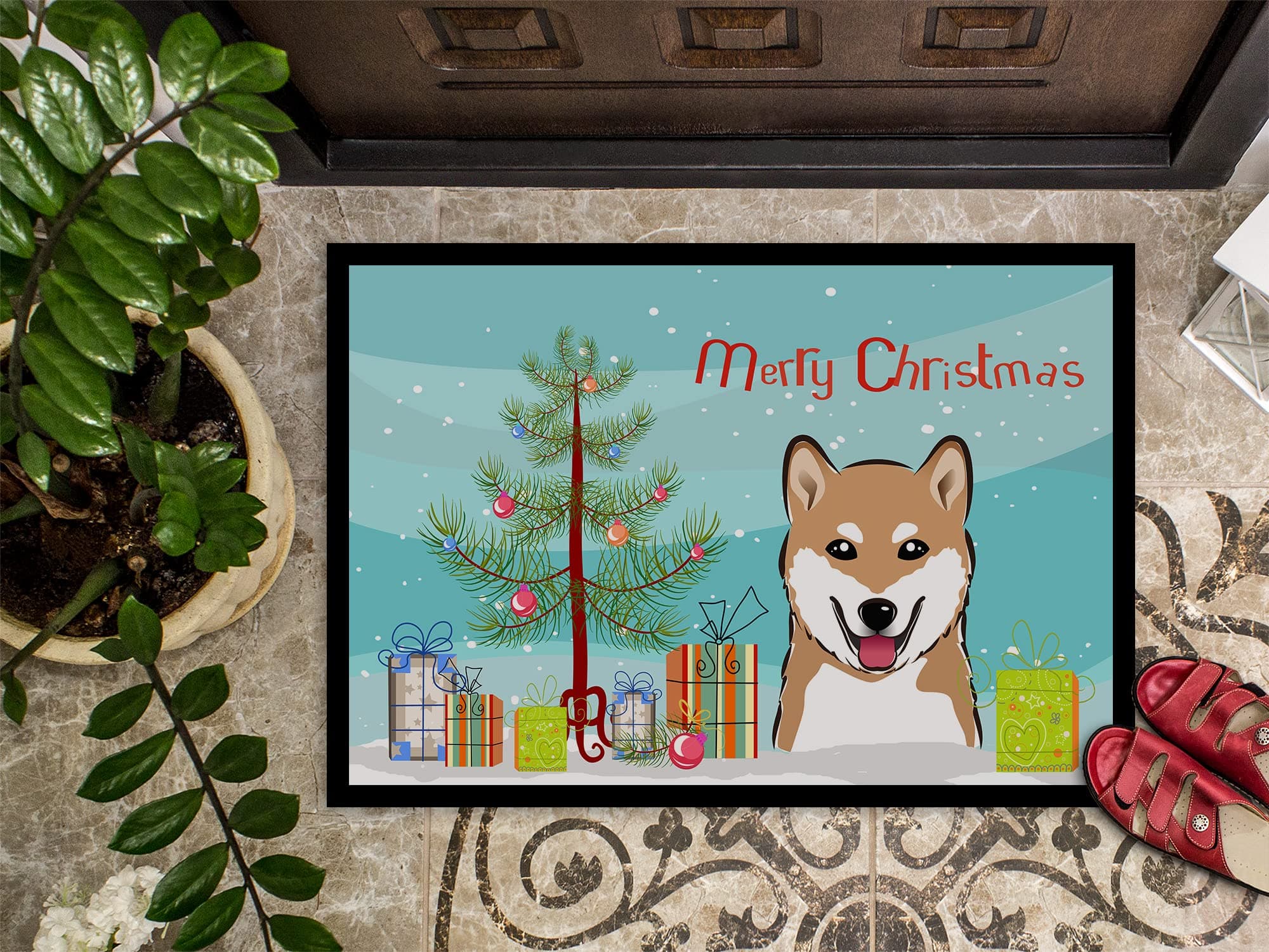 Caroline's Treasures BB1597JMAT Christmas Tree and Shiba Inu Doormat 24x36 Front - Thumbnail 3