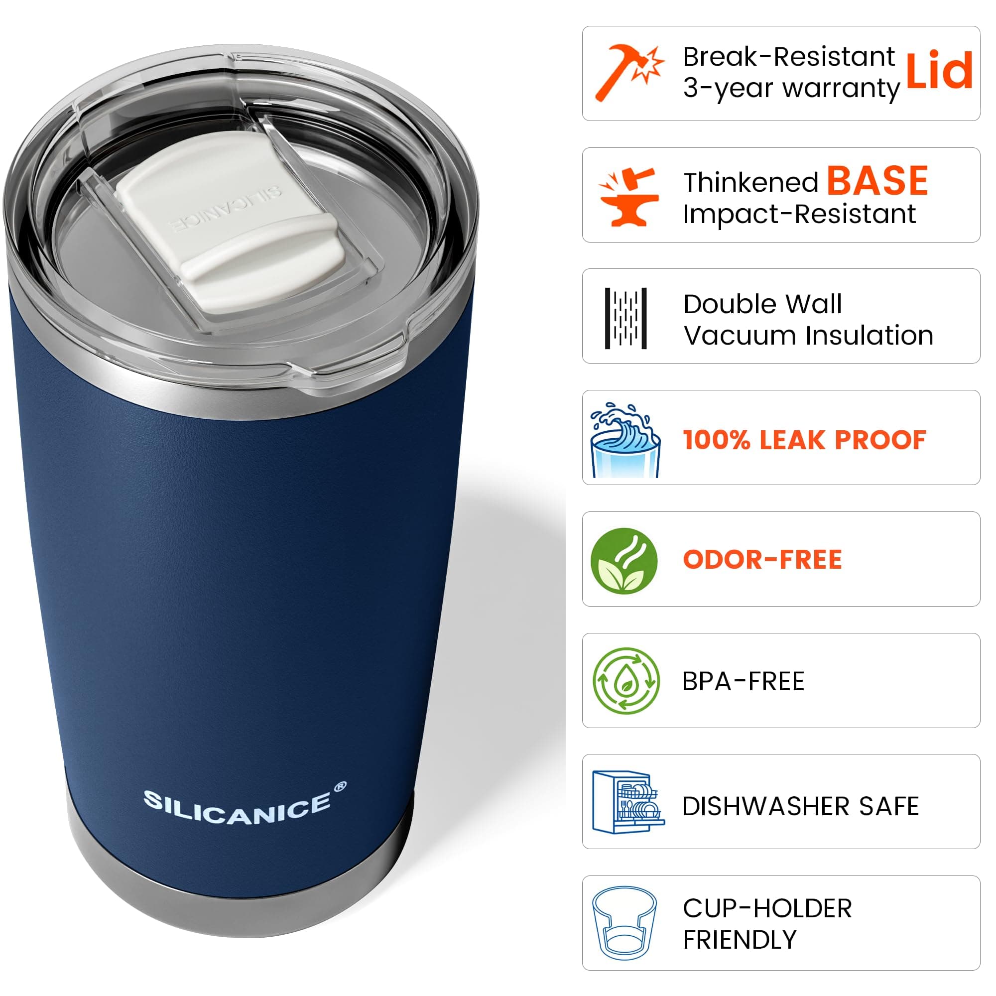 SILICANICE 20oz Vacuum Insulated Tumbler Stainless Steel Travel Mug Navy Blue De - Thumbnail 5