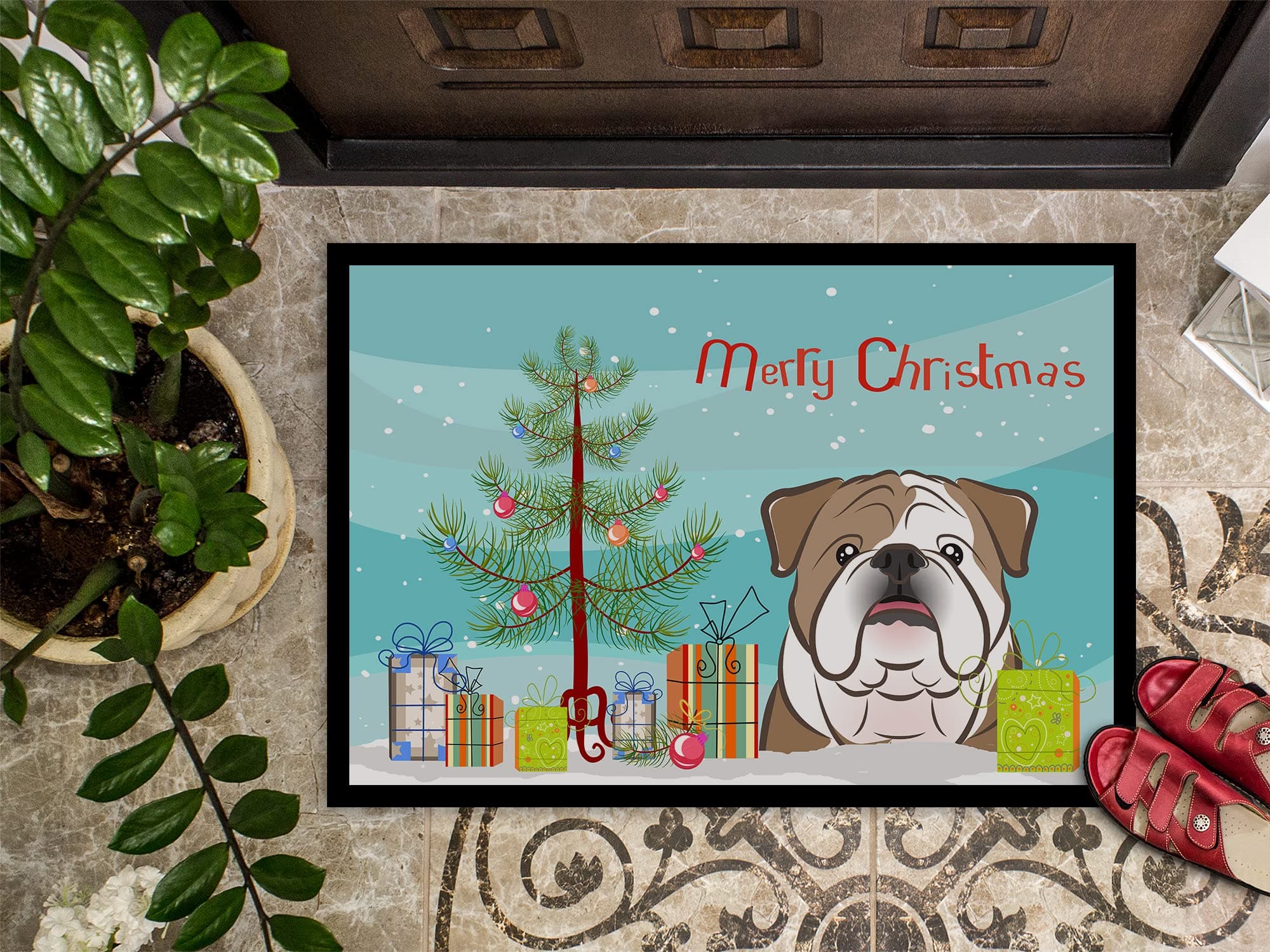 Caroline's Treasures BB1591MAT Christmas Tree and English Bulldog Doormat 18x27 - Thumbnail 3