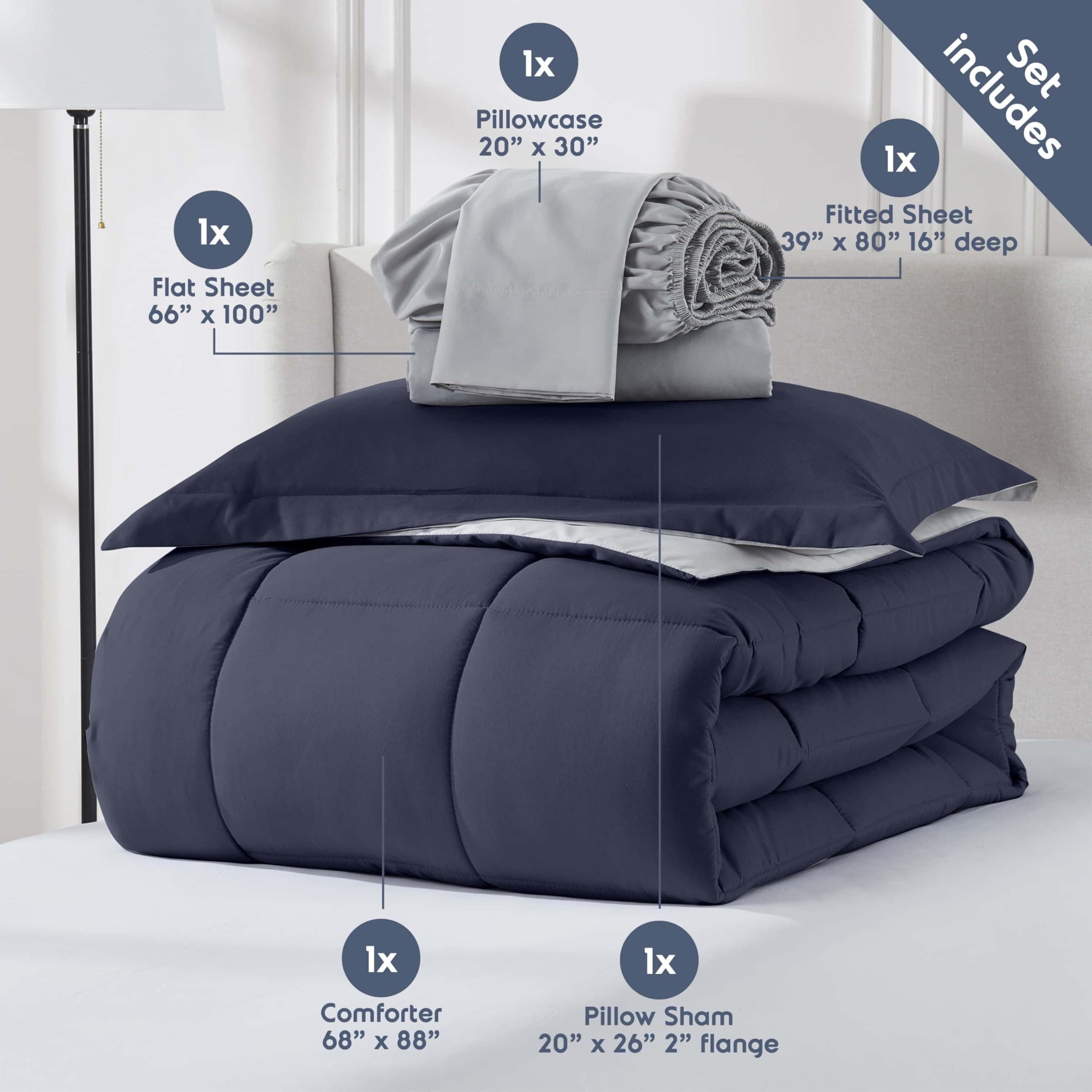 Nestl 5 Piece Twin XL Comforter Set – Navy Reversible Bed in a Bag – Complete Tw - Thumbnail 4