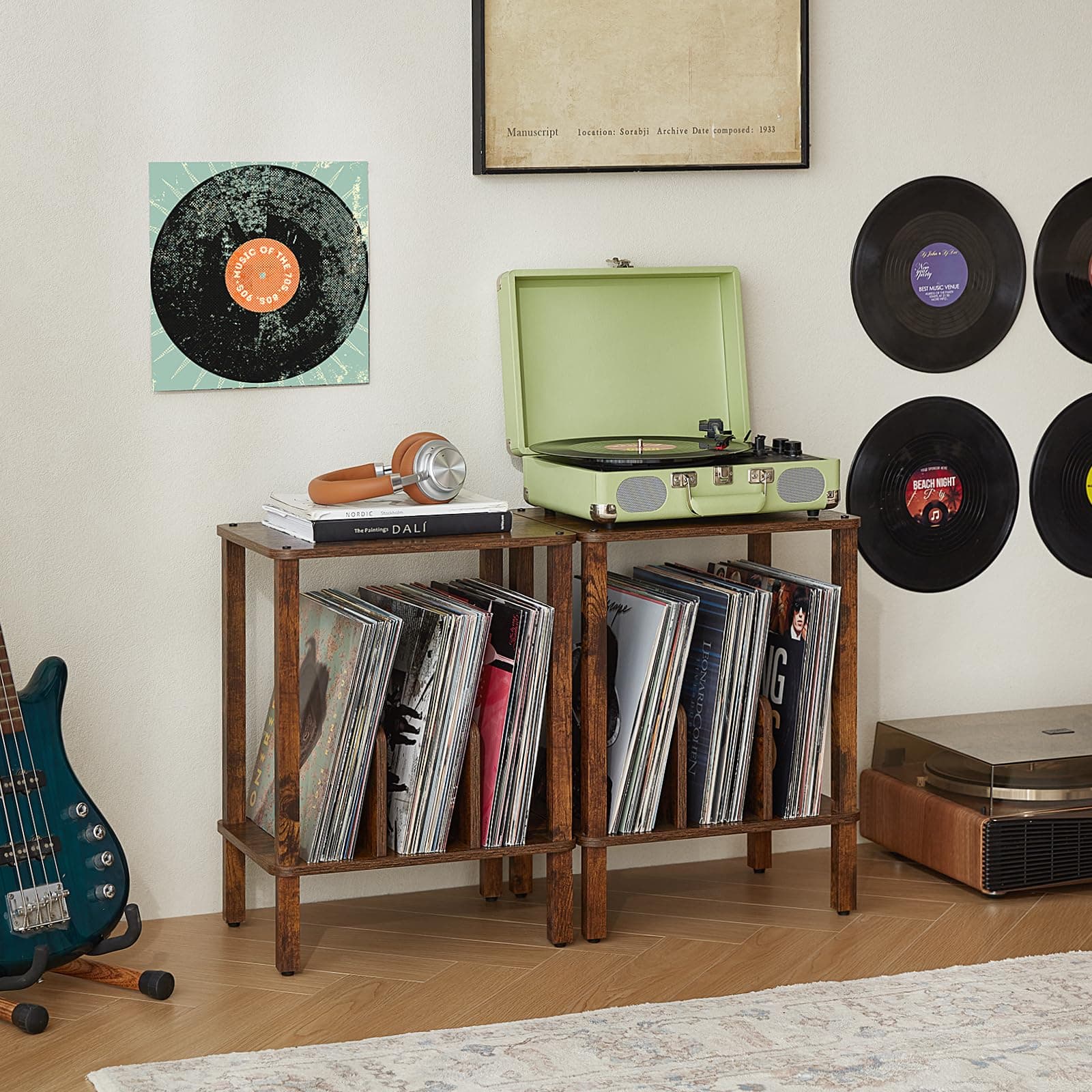 LELELINKY 2-Tier Record Player Stand with Vinyl Record Storage up to 100 Albums, - Thumbnail 2