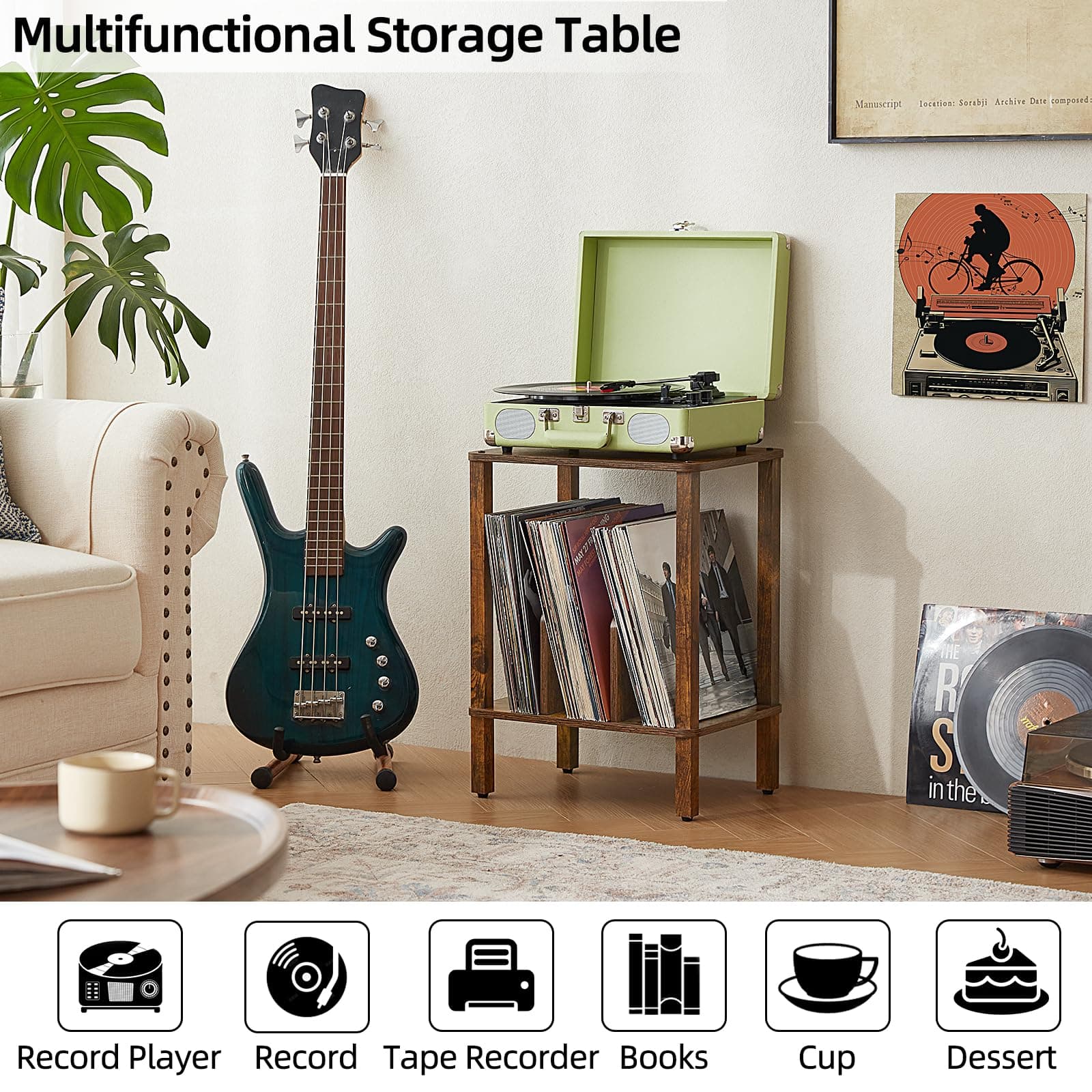 LELELINKY 2-Tier Record Player Stand with Vinyl Record Storage up to 100 Albums, - Thumbnail 7