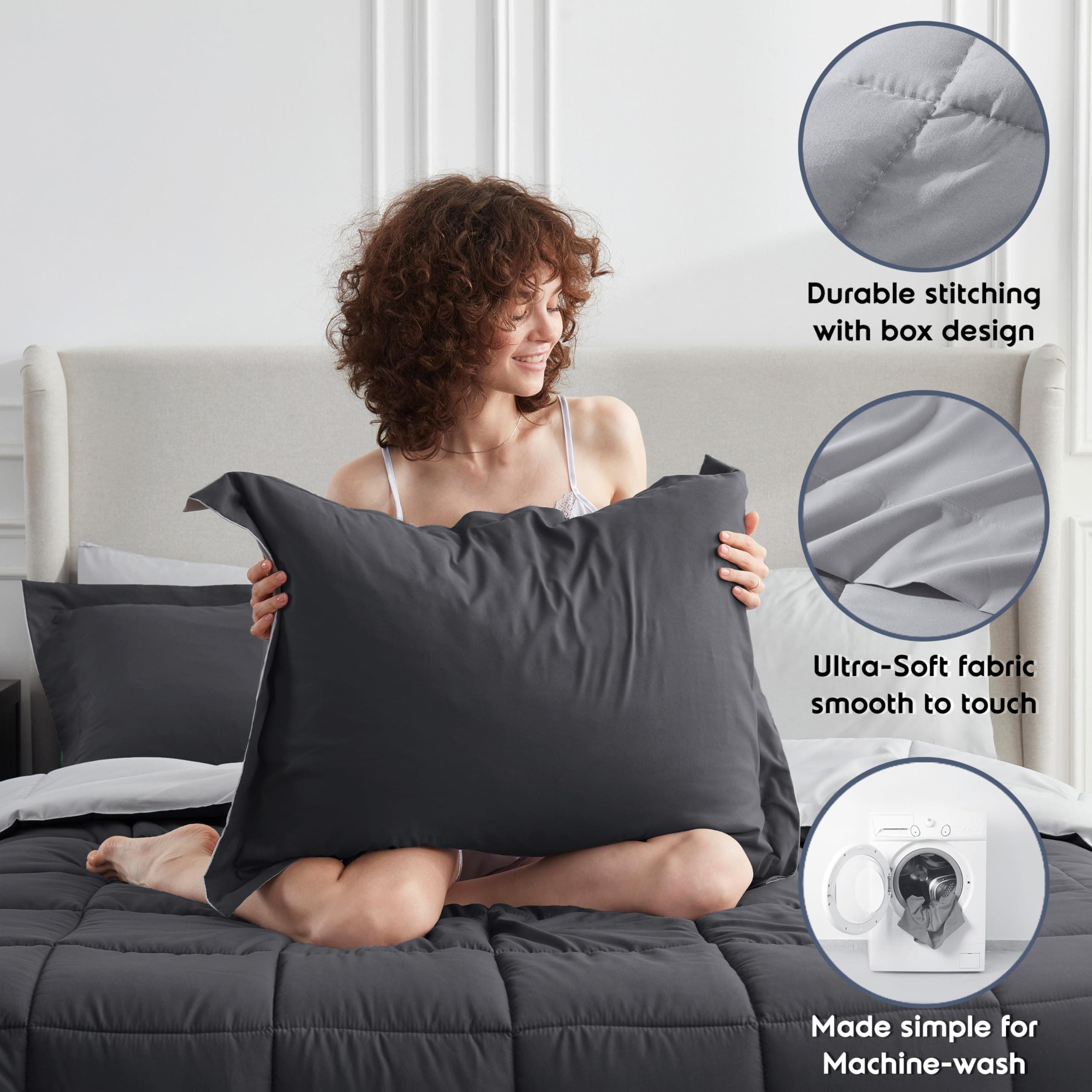 Nestl 7 Piece King Comforter Set – Dark Grey Reversible Bed in a Bag – Complete - Thumbnail 7