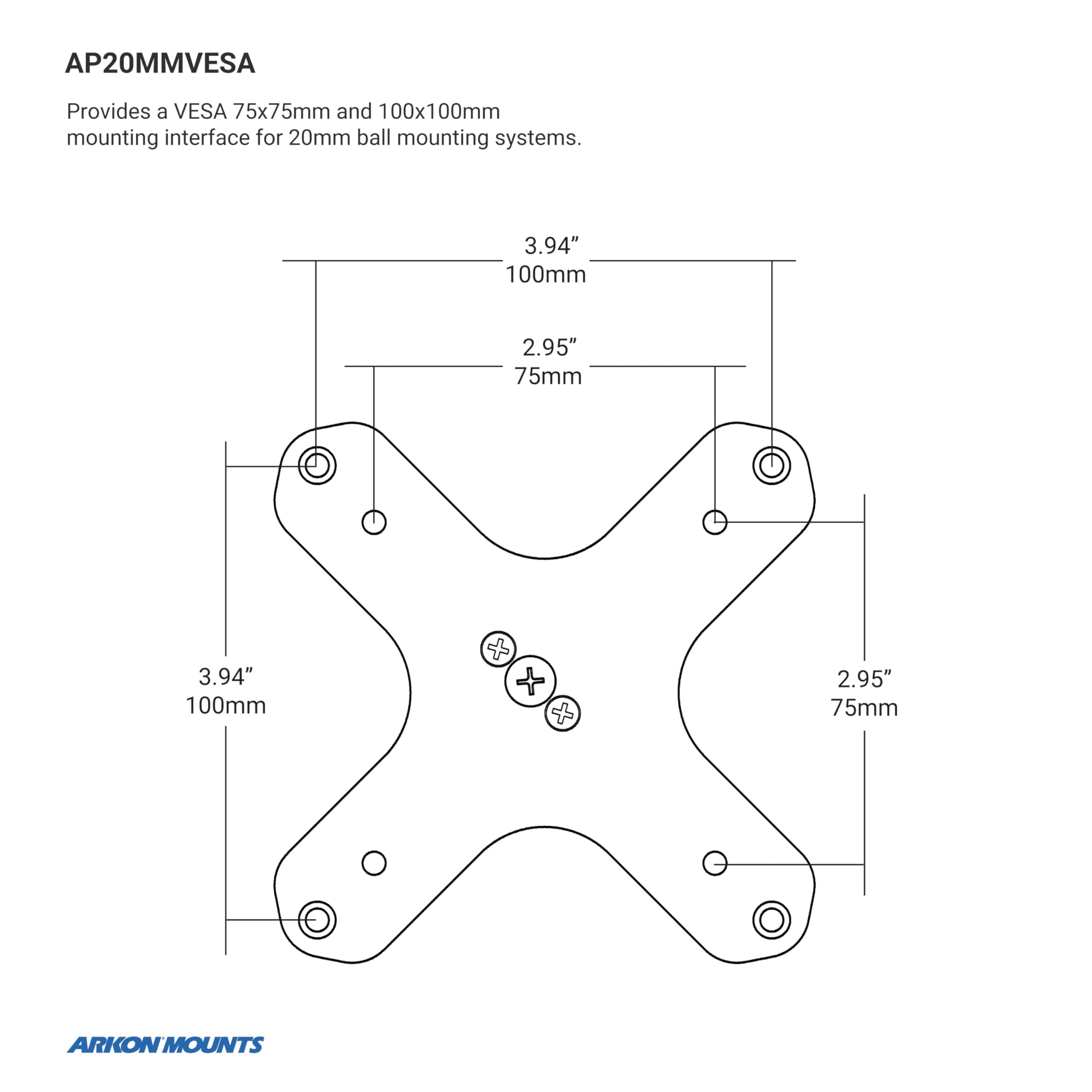 ARKON Mounts VESA 75 / VESA 100 to 20mm Ball Mount Bracket Adapter | Industrial- - Thumbnail 4