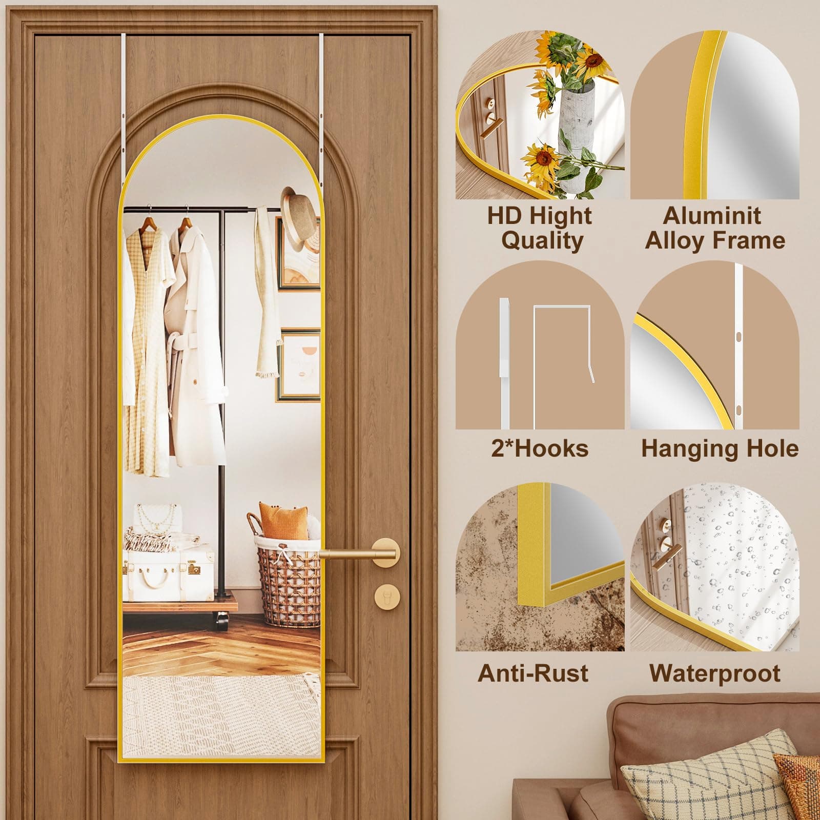Rowjut Full Length Door Mirror, Wall Mounted Wall & 48"X18"Arched Behind Door Mi - Thumbnail 4