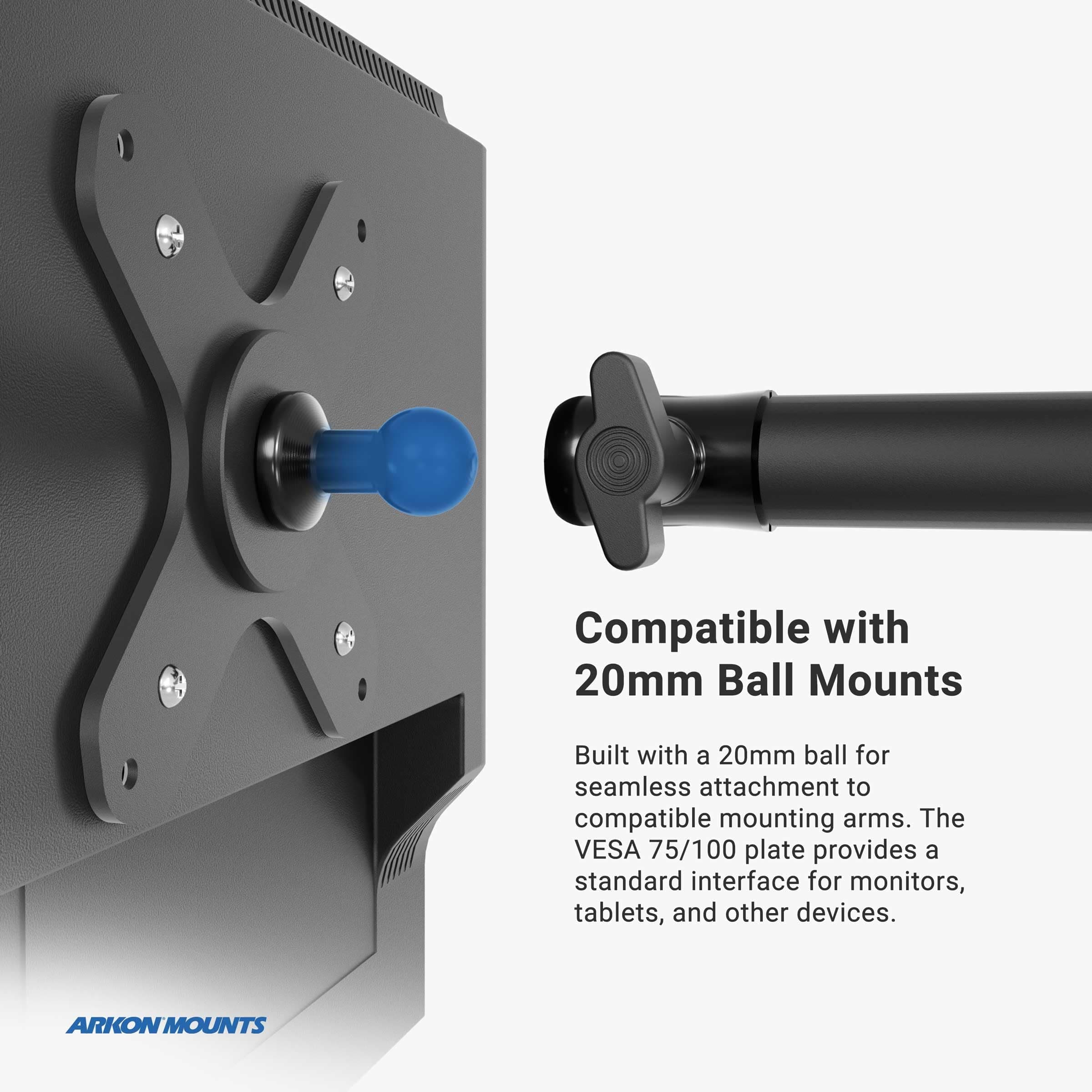 ARKON Mounts VESA 75 / VESA 100 to 20mm Ball Mount Bracket Adapter | Industrial- - Thumbnail 2