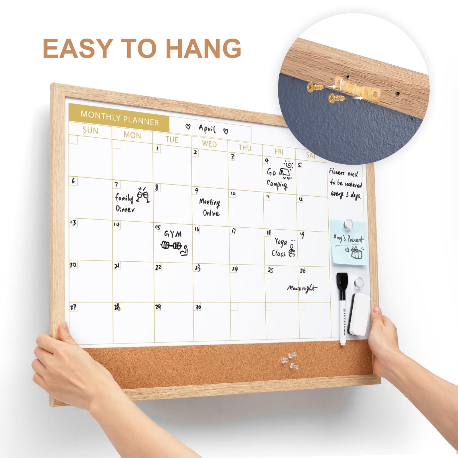 ARCOBIS Calendar Whiteboard with Cork Board 24x18 Wall Mounted Dry Erase Magneti - Thumbnail 5