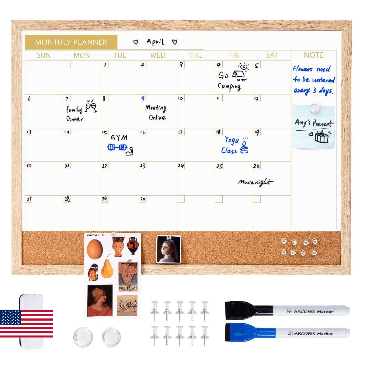 ARCOBIS Calendar Whiteboard with Cork Board 24x18 Wall Mounted Dry Erase Magneti - Image 1