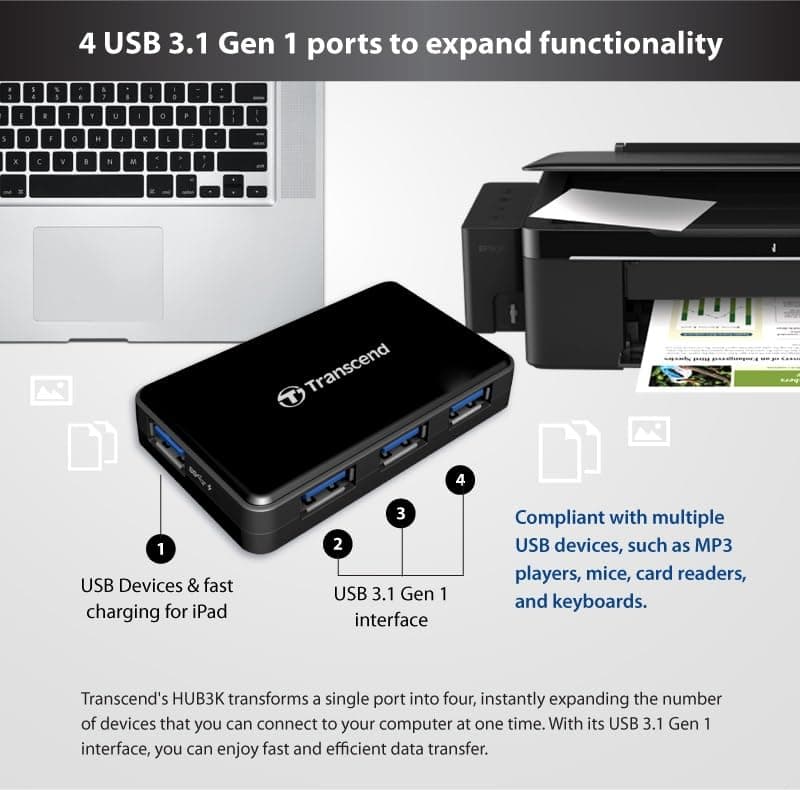 Transcend USB 3.0 4-Port Hub TS-HUB3K, Black - Thumbnail 9