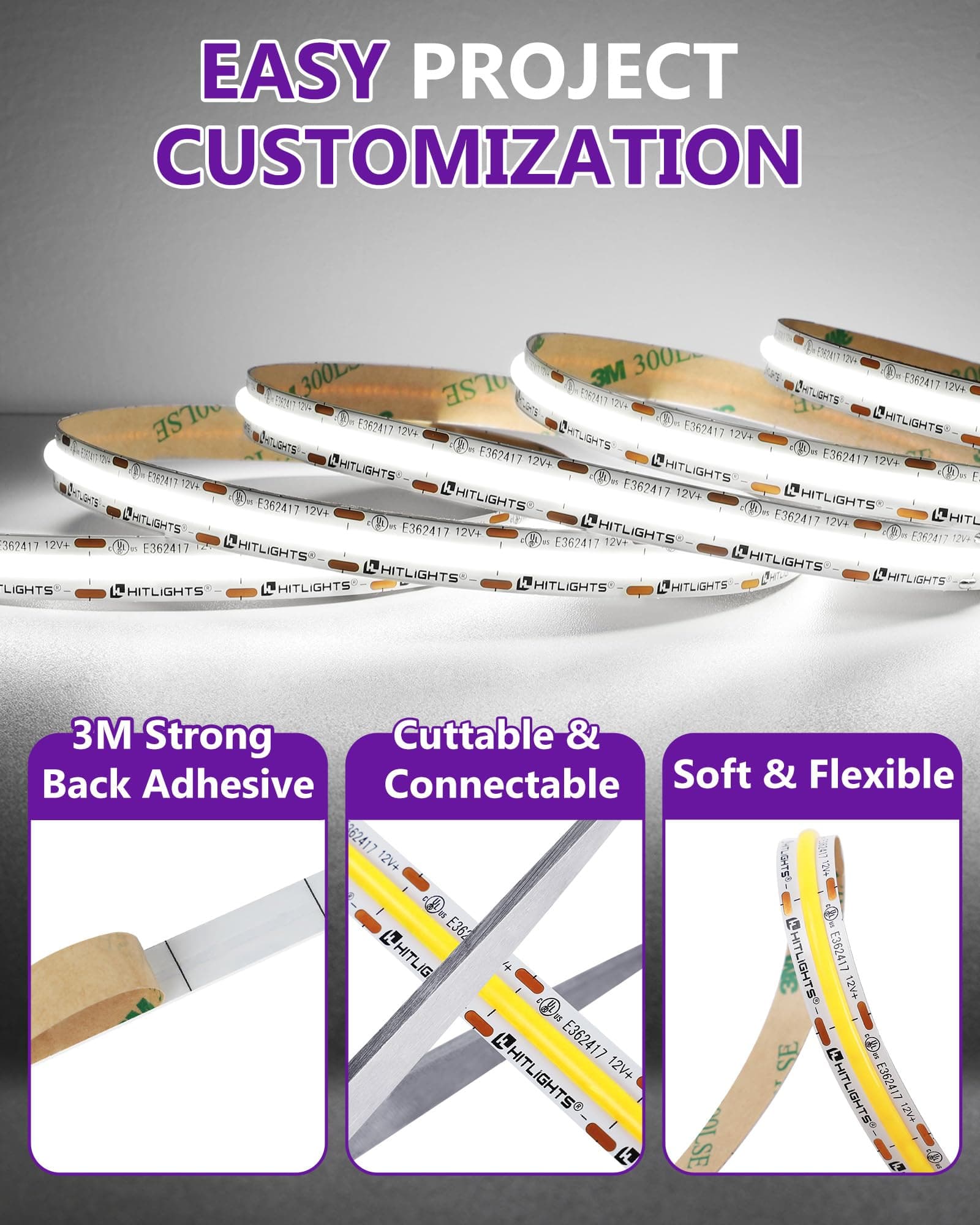 HitLights White COB LED Strip Lights 5000K 16.4ft 12V Tape Light 2640 LEDs 426 l - Thumbnail 6