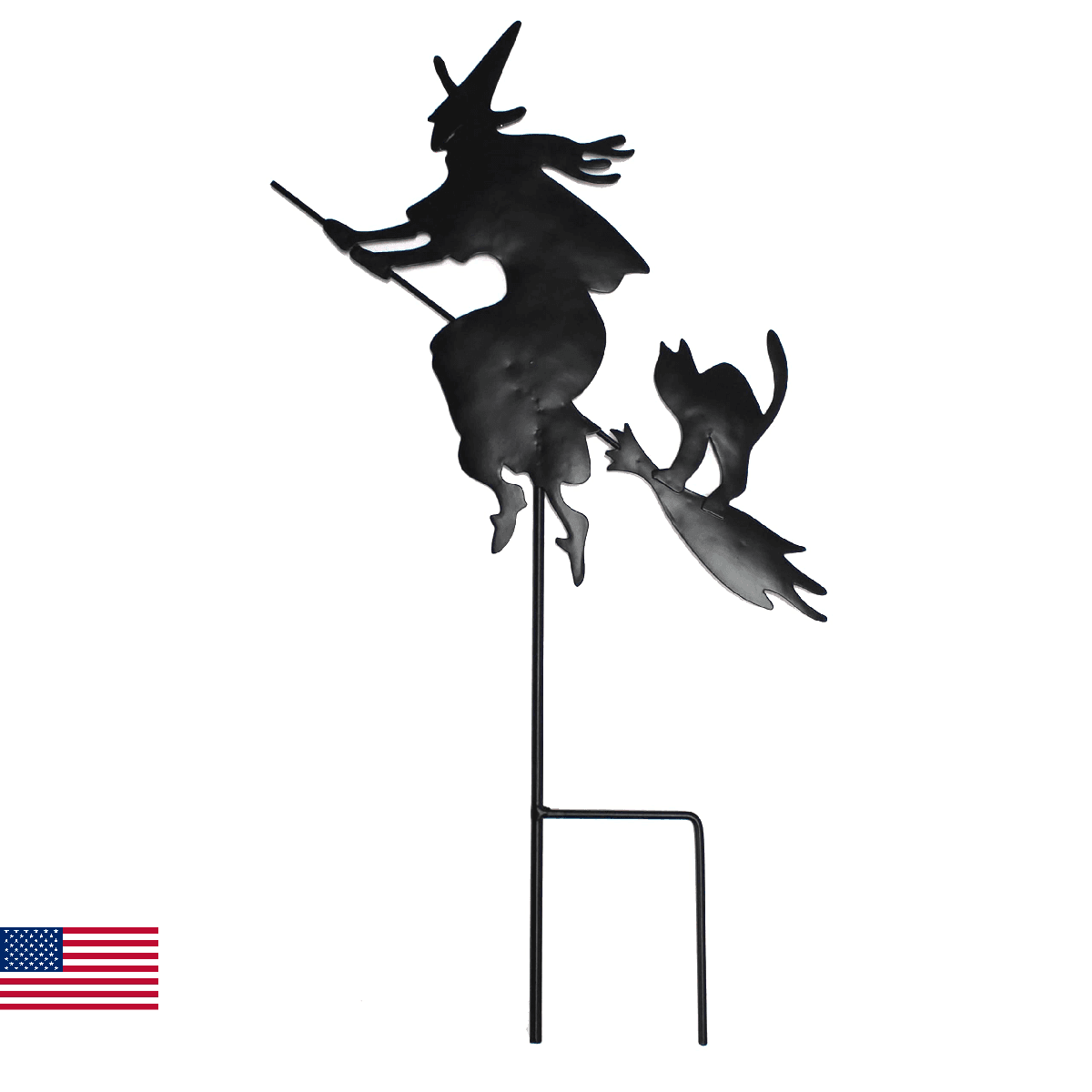 19" Halloween Metal Black Silhoutte Witch On Broom with Cat Stake, Set of 2 - Image 1