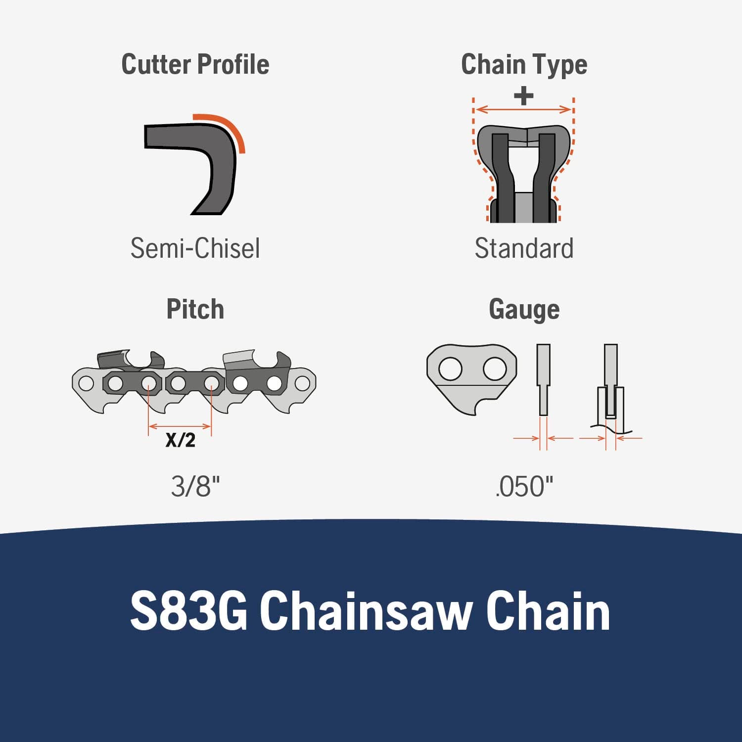 Husqvarna X-Cut S83G 24 Inch Semi Chisel Chainsaw Chain, 3/8" Pitch, .050 Gauge - Thumbnail 3