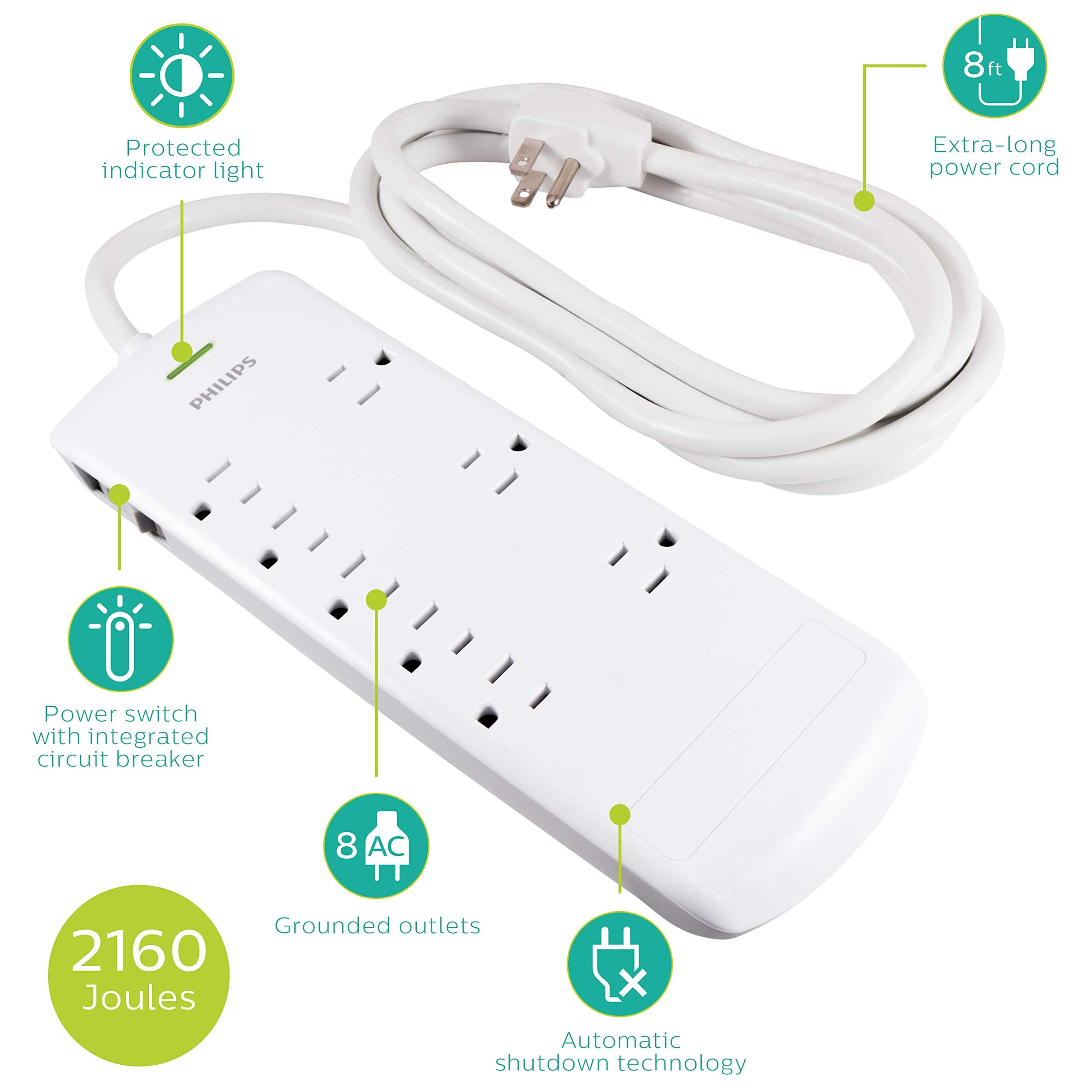 Philips 8 Outlet Power Strip Surge Protector, 8ft Extra-Long Power Cord, Flat Pl - Thumbnail 2