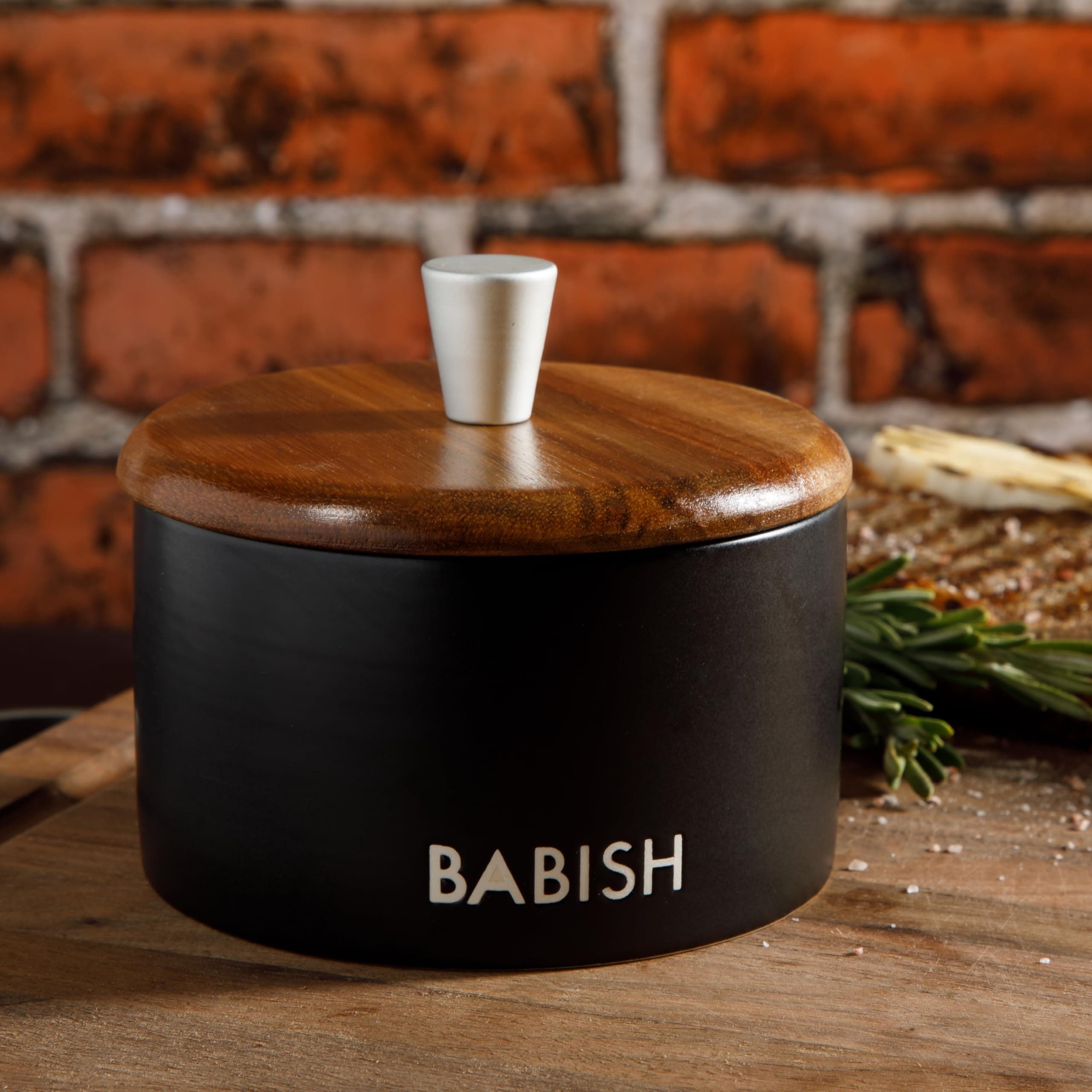 Babish Stoneware Salt Cellar with Wood Lid 4x3.5 inches - Thumbnail 3
