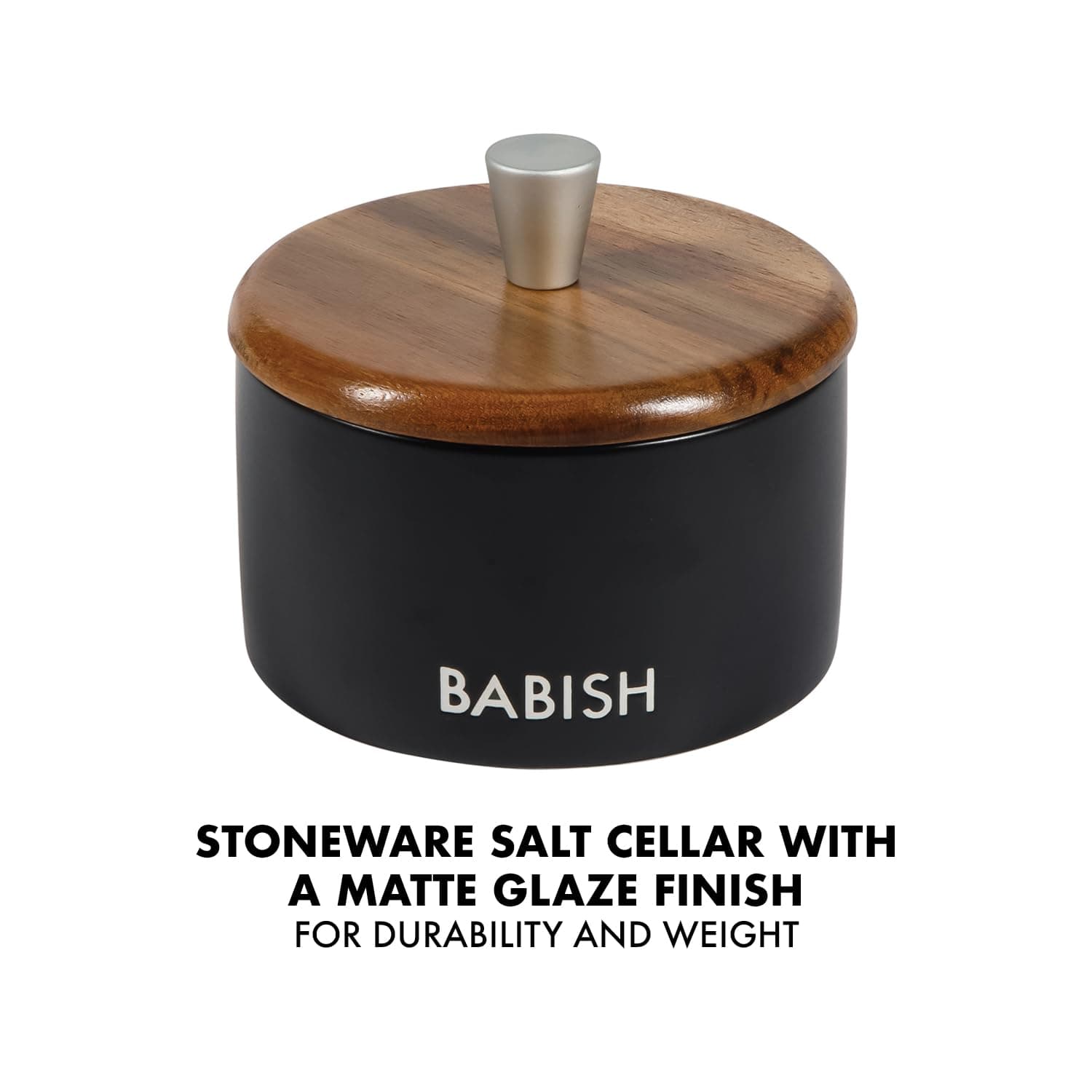 Babish Stoneware Salt Cellar with Wood Lid 4x3.5 inches - Thumbnail 4