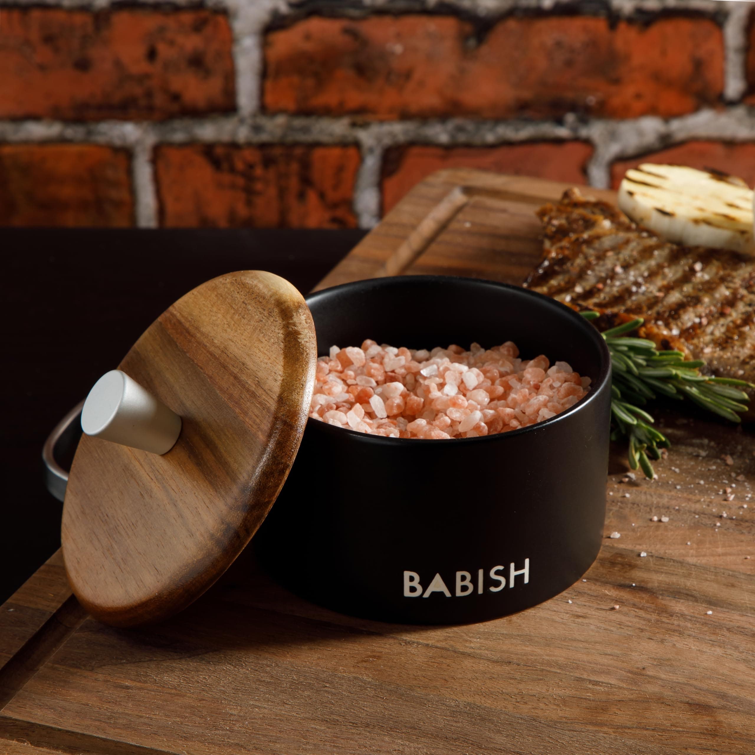 Babish Stoneware Salt Cellar with Wood Lid 4x3.5 inches - Thumbnail 2
