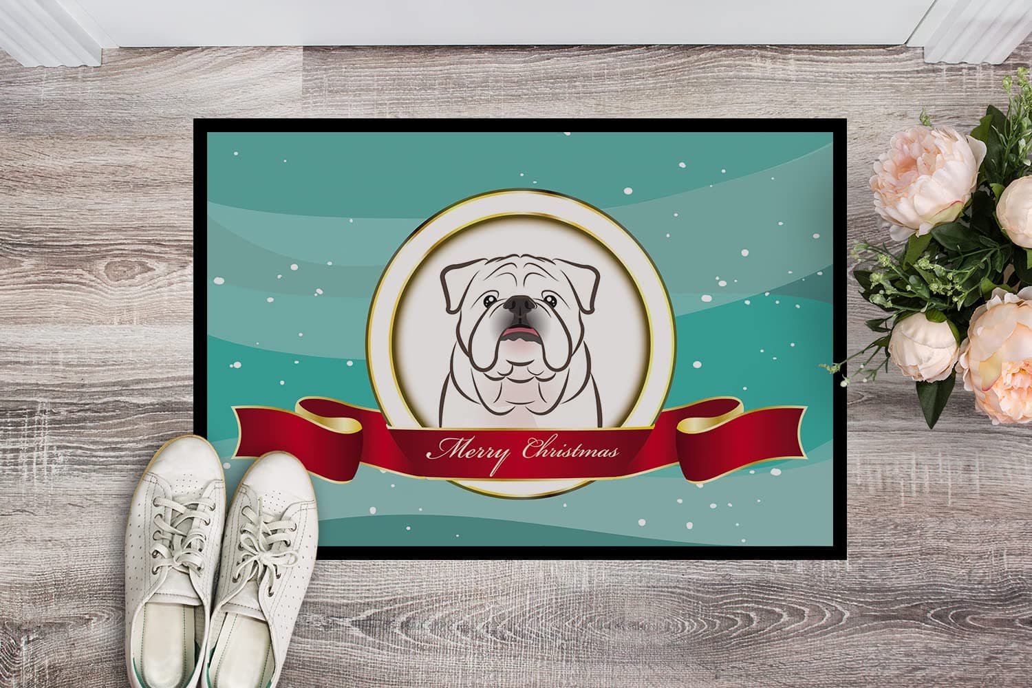 Caroline's Treasures BB1530MAT White English Bulldog Merry Christmas Doormat 18x - Thumbnail 2