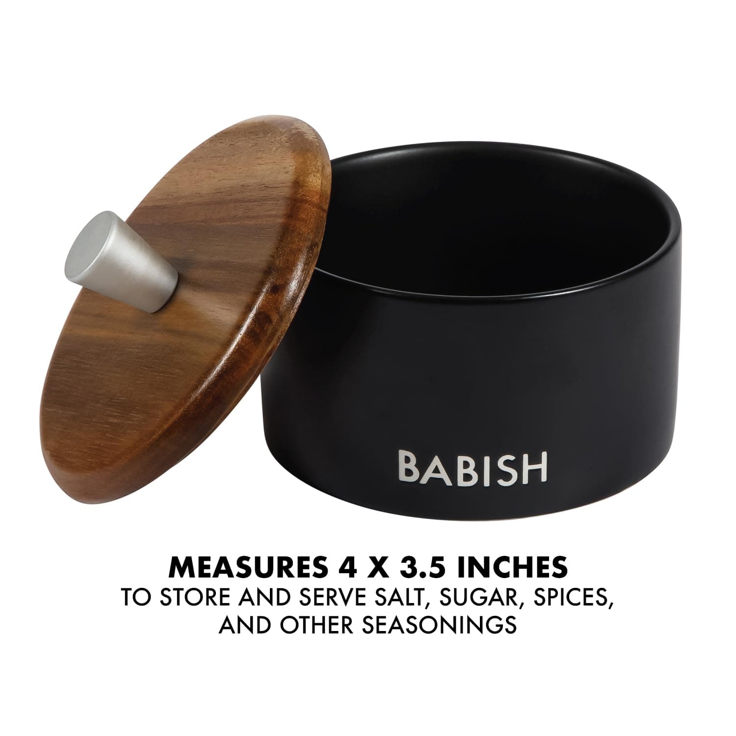 Babish Stoneware Salt Cellar with Wood Lid 4x3.5 inches - Thumbnail 5