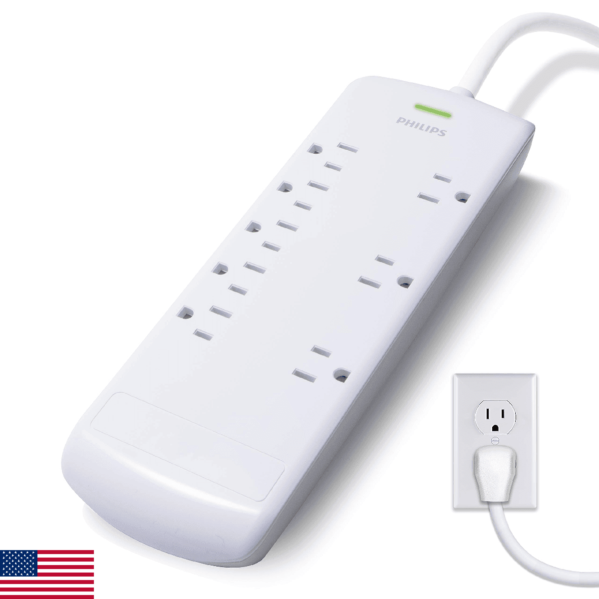Philips 8 Outlet Power Strip Surge Protector, 8ft Extra-Long Power Cord, Flat Pl - Image 1