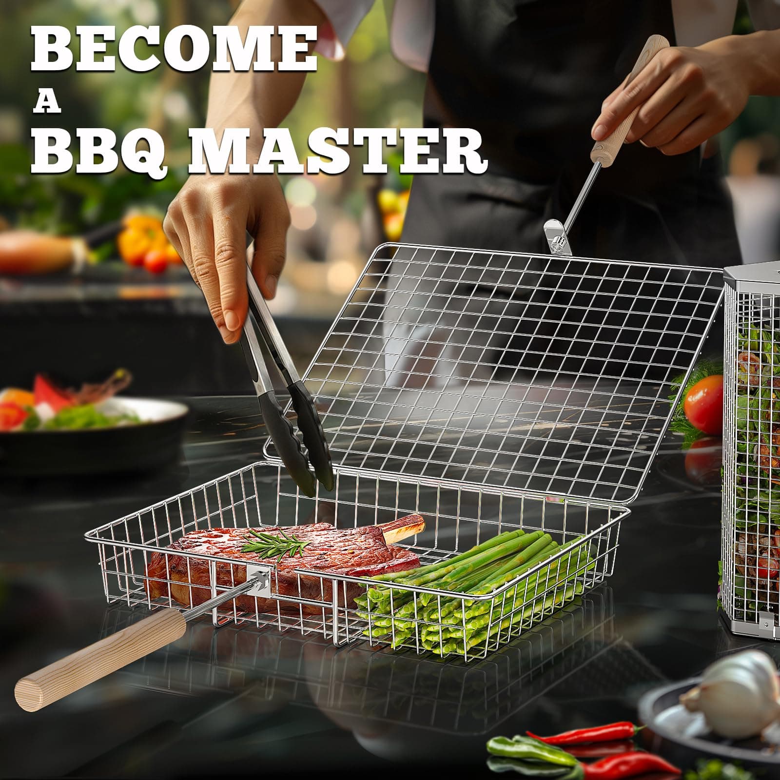 ivtivfu Rolling Grill Basket Set, Removable Wood Handles, 304 Stainless Steel - Thumbnail 4