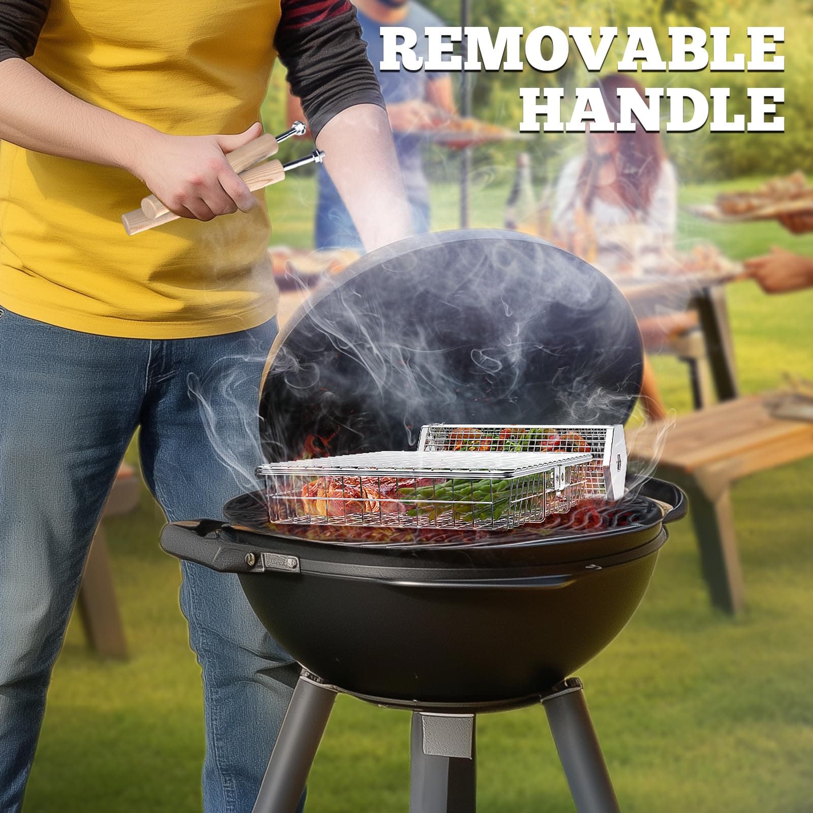 ivtivfu Rolling Grill Basket Set, Removable Wood Handles, 304 Stainless Steel - Thumbnail 5